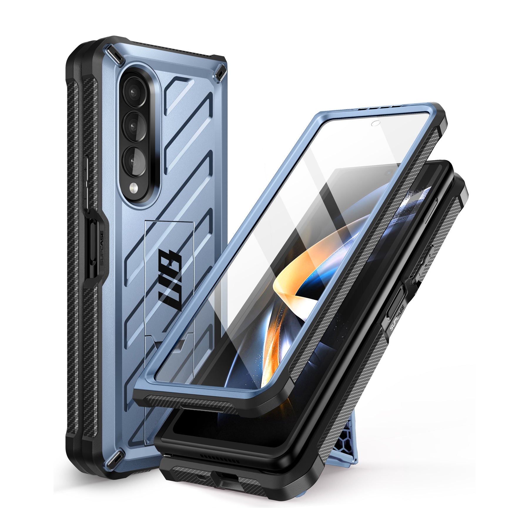 Samsung Galaxy Z Fold 4 Case with Built-in Kickstand & Screen Protector - Shockproof Heavy Duty Cover in Metallic Blue | Perfect for Work, Travel & Everyday Protection