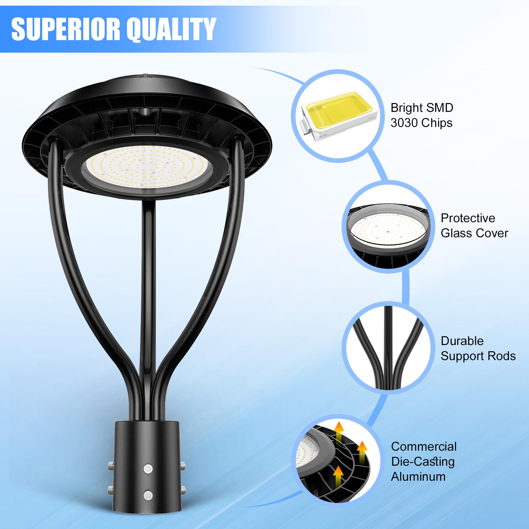 150W LED Post Top Light with Photocell Sensor - Adjustable 150W/120W/90W, 21,000 Lumens, 5000K Daylight - IP65 Waterproof Outdoor Pole Light for Garden, Yard, Pathway & Street Lighting - ETL & DLC Certified (AC100-277V) - Perfect for Residential & Commercial Landscape Illumination