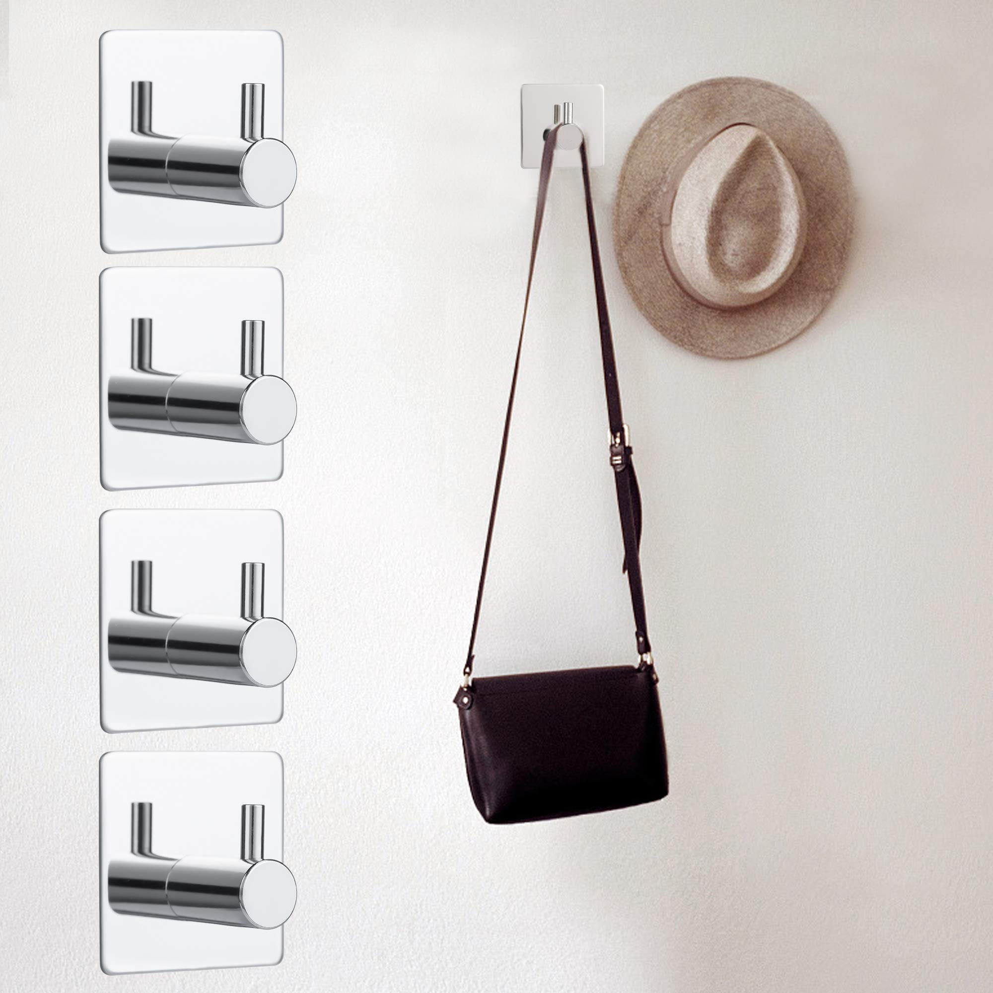 Bylion 4 Pack Silver Adhesive Wall Hooks - Stainless Steel 304 Bathroom Towel Hooks - Heavy Duty Waterproof Hooks for Robes, Towels & Clothes - Perfect for Bathroom, Kitchen, Bedroom & Dorm Organization