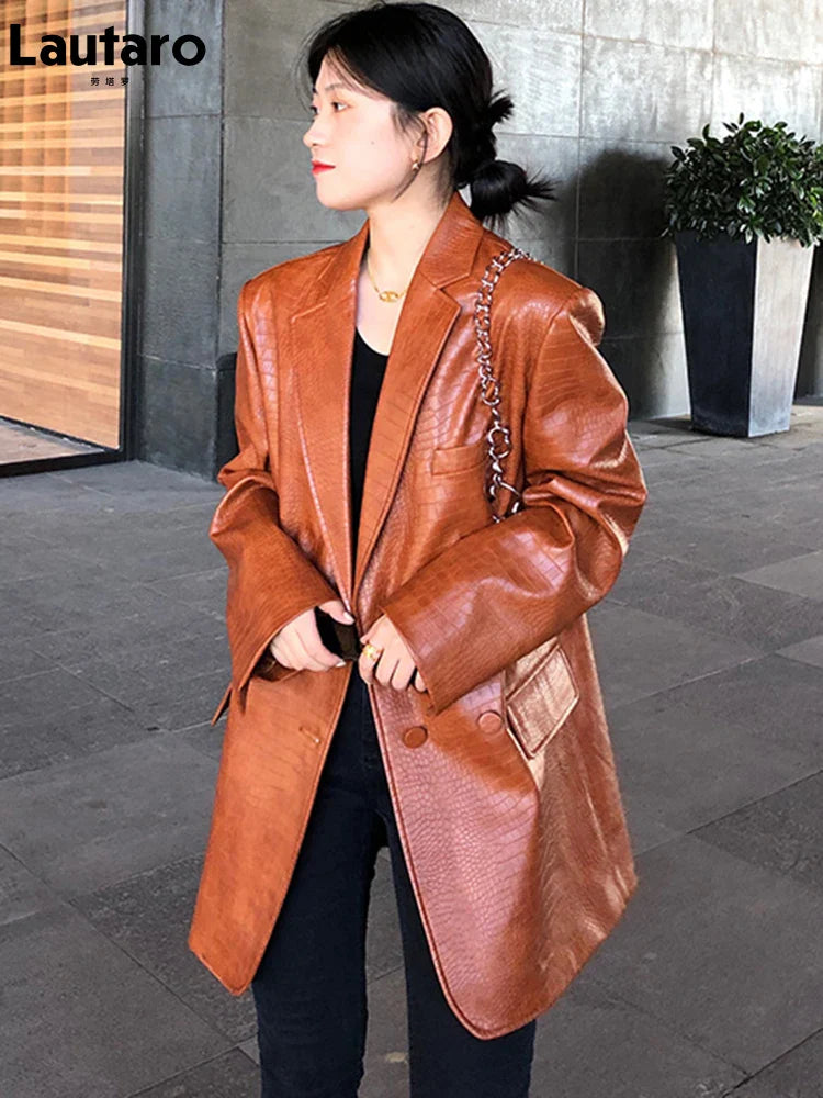 Stylish Oversized Purple Crocodile Print Faux Leather Blazer for Women - Long Sleeve Double Breasted Y2K Fashion Jacket | Perfect for Office Wear, Night Out & Retro Outfits