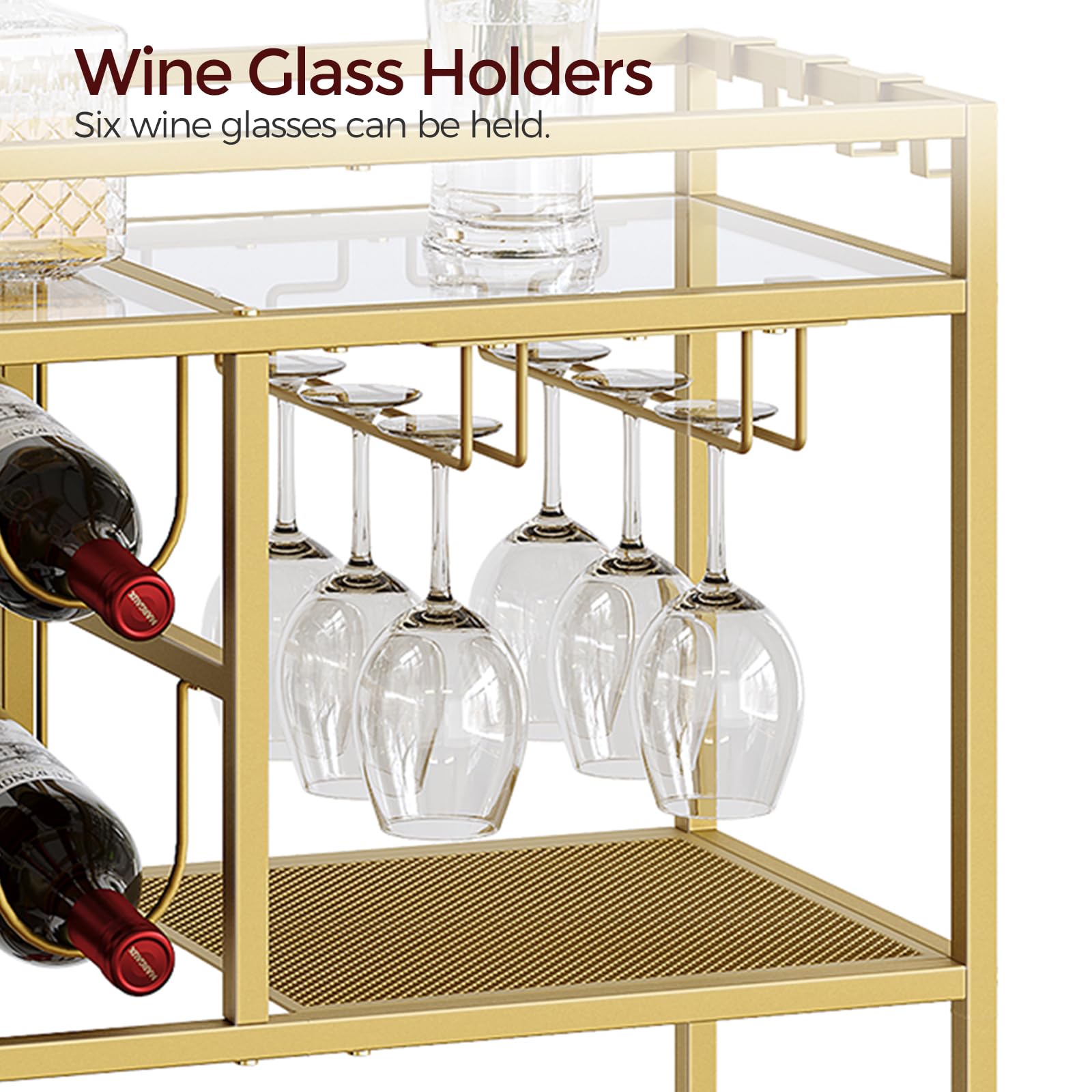 3-Tier Gold Bar Cart with Wheels & Handle - Mobile Beverage Serving Cart with Wine Rack & Glass Holders - Perfect for Kitchen, Dining Room, Home Bar, Parties & Entertaining | RCJ61B01