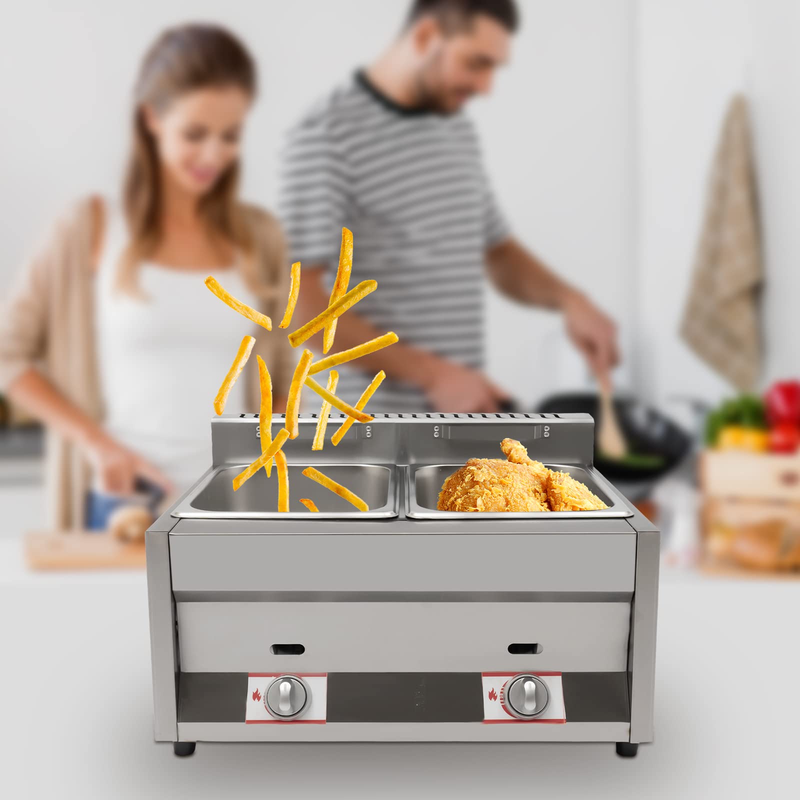 LOYALHEARTDY Commercial 12L/3 Gal 2 Well Stainless Steel Deep Fryer - Natural Gas/Propane Fryer, Food Warmer & Steamer Heater for Restaurants, Food Trucks & Catering Businesses