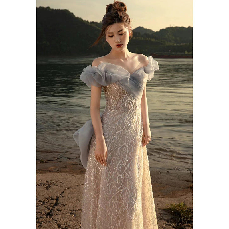 Elegant Off-Shoulder French Long Prom Dress with Sparkles - Perfect for Evening Gala, Formal Events & Special Occasions