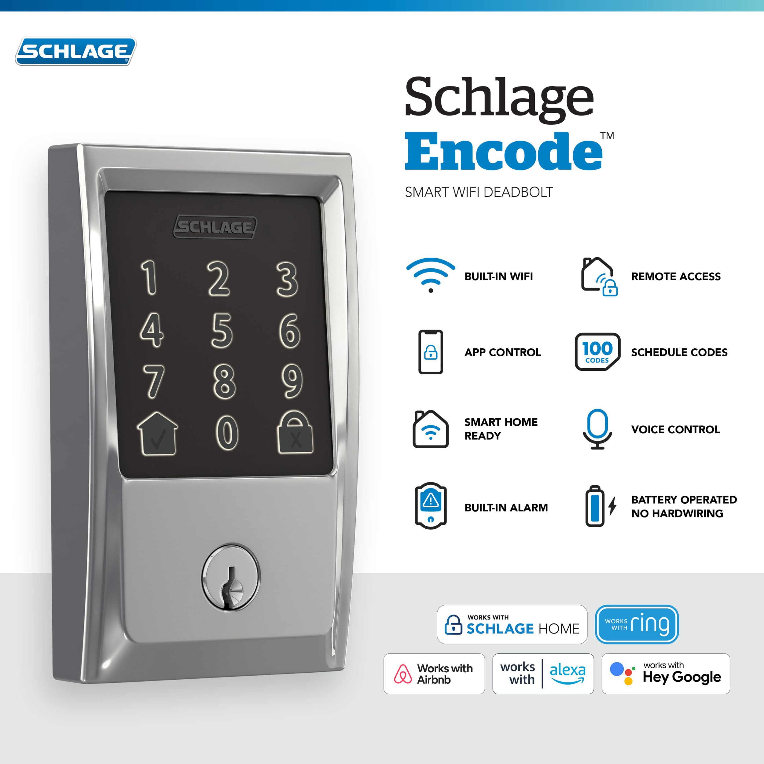 Schlage Encode Smart WiFi Deadbolt with Century Trim in Bright Chrome - Keyless Entry Smart Lock for Home Security | Ideal for Front Doors, Vacation Homes & Rental Properties