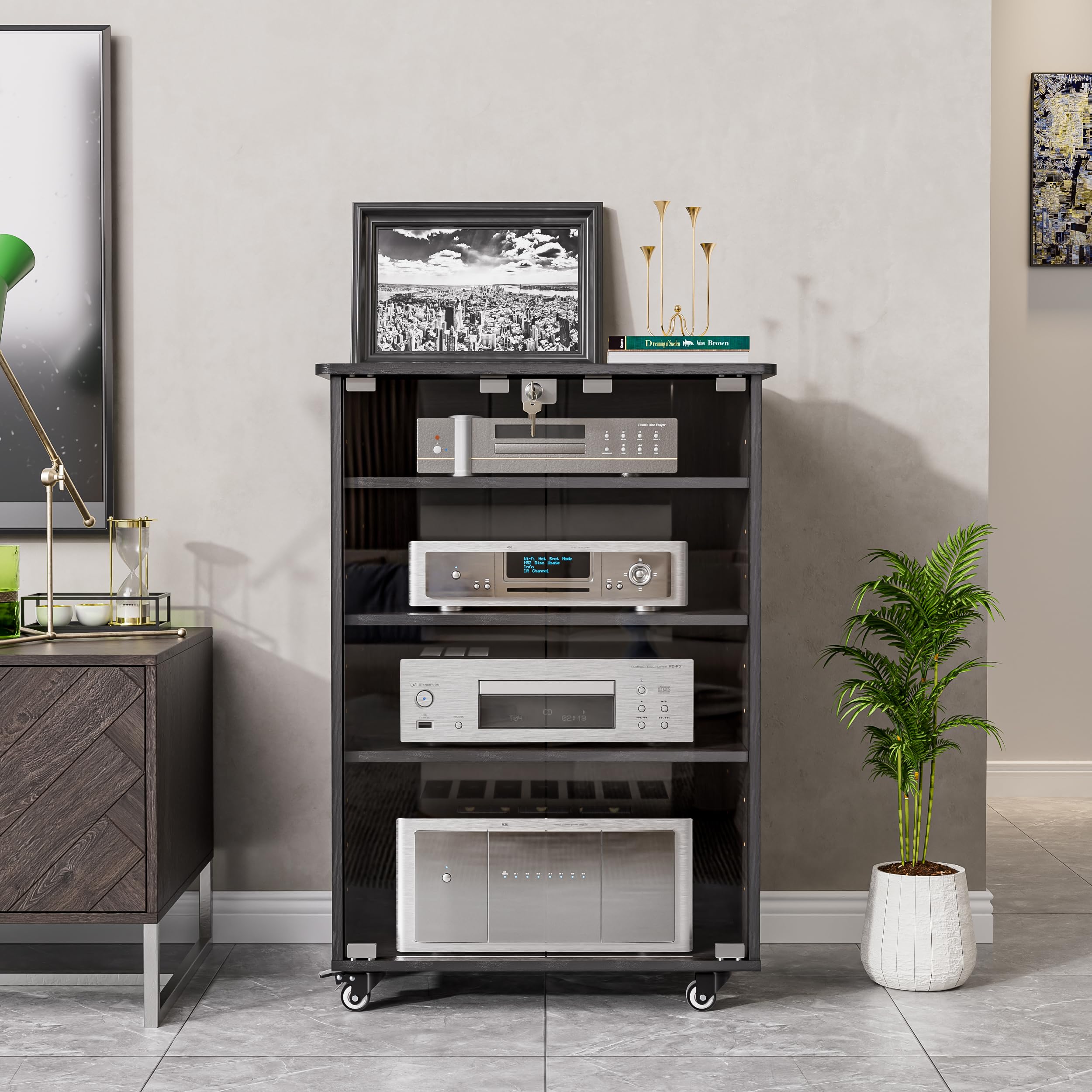 KCRET Adjustable Height Media Storage Cabinet - 4-Shelf Modern AV Stand with Glass Doors, Lock & Brake Wheels | Perfect for Living Room, Home Theater & Office Organization