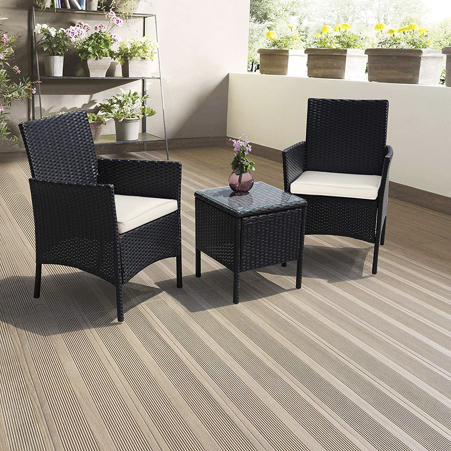 DIMAR GARDEN 3-Piece Outdoor Patio Furniture Set - Black Rattan Wicker Chairs with Coffee Table for Porch, Garden, Backyard & Poolside Relaxation