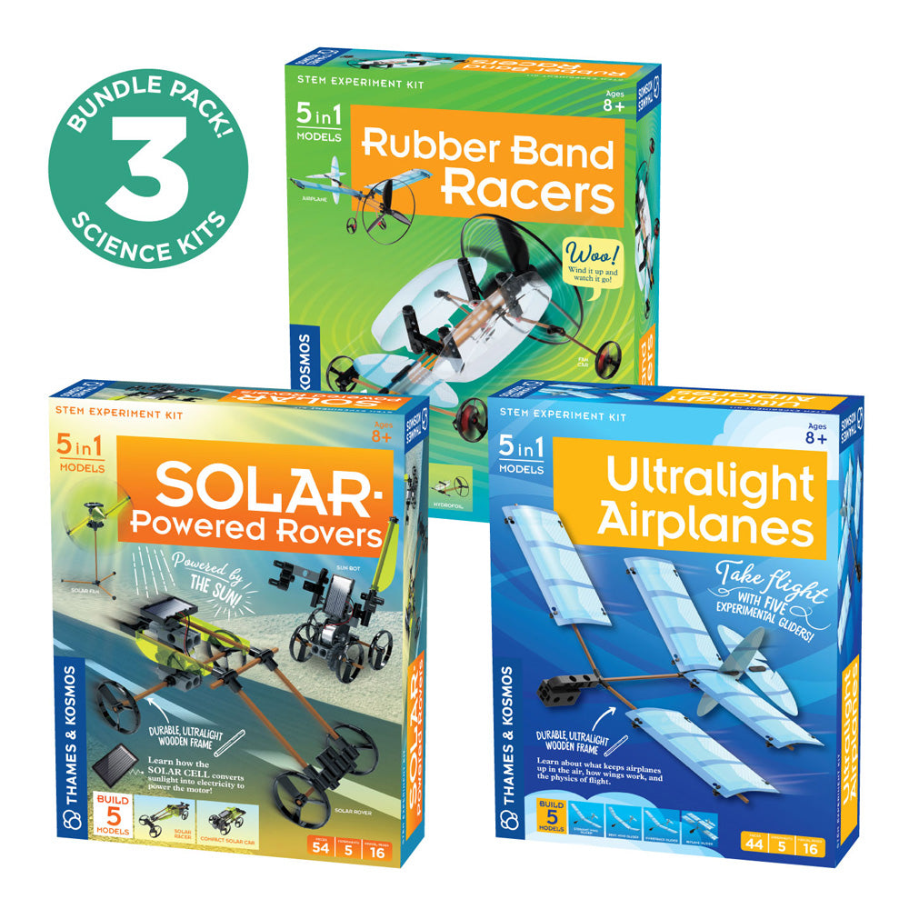 Fun & Educational Engineering 3-Pack: Ultralight Airplanes, Rubber Band Racers & Solar Powered Rovers - STEM Learning Toys for Kids Ages 8-12 - Perfect for Science Fairs, Classroom Projects & DIY Engineering Activities