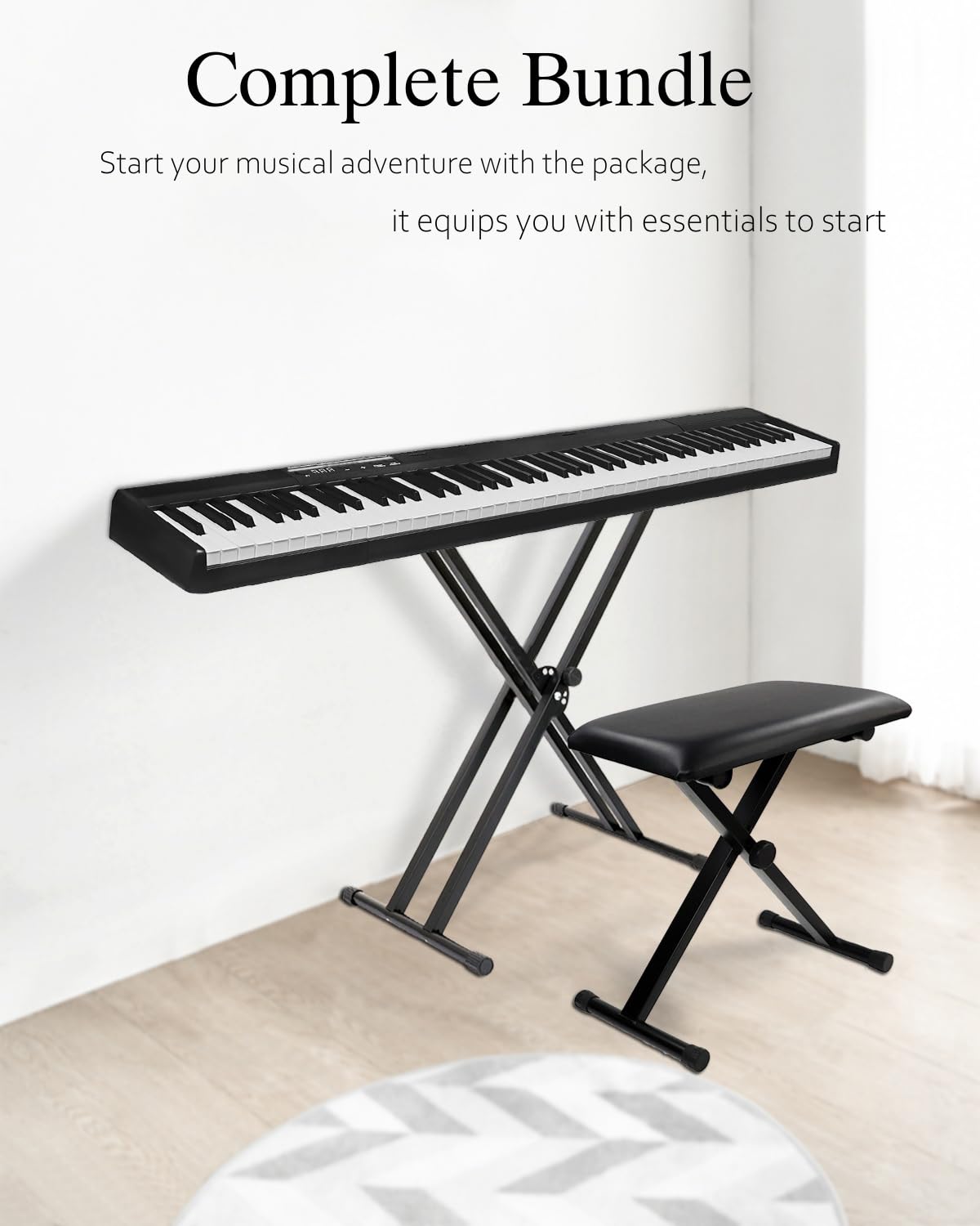 Longeye 88-Key Portable Digital Piano Set with Double-X Stand, Adjustable Bench, Carrying Case, Sustain Pedal & Headphones - Perfect for Home Practice, Studio Recording & Live Performances (Black)