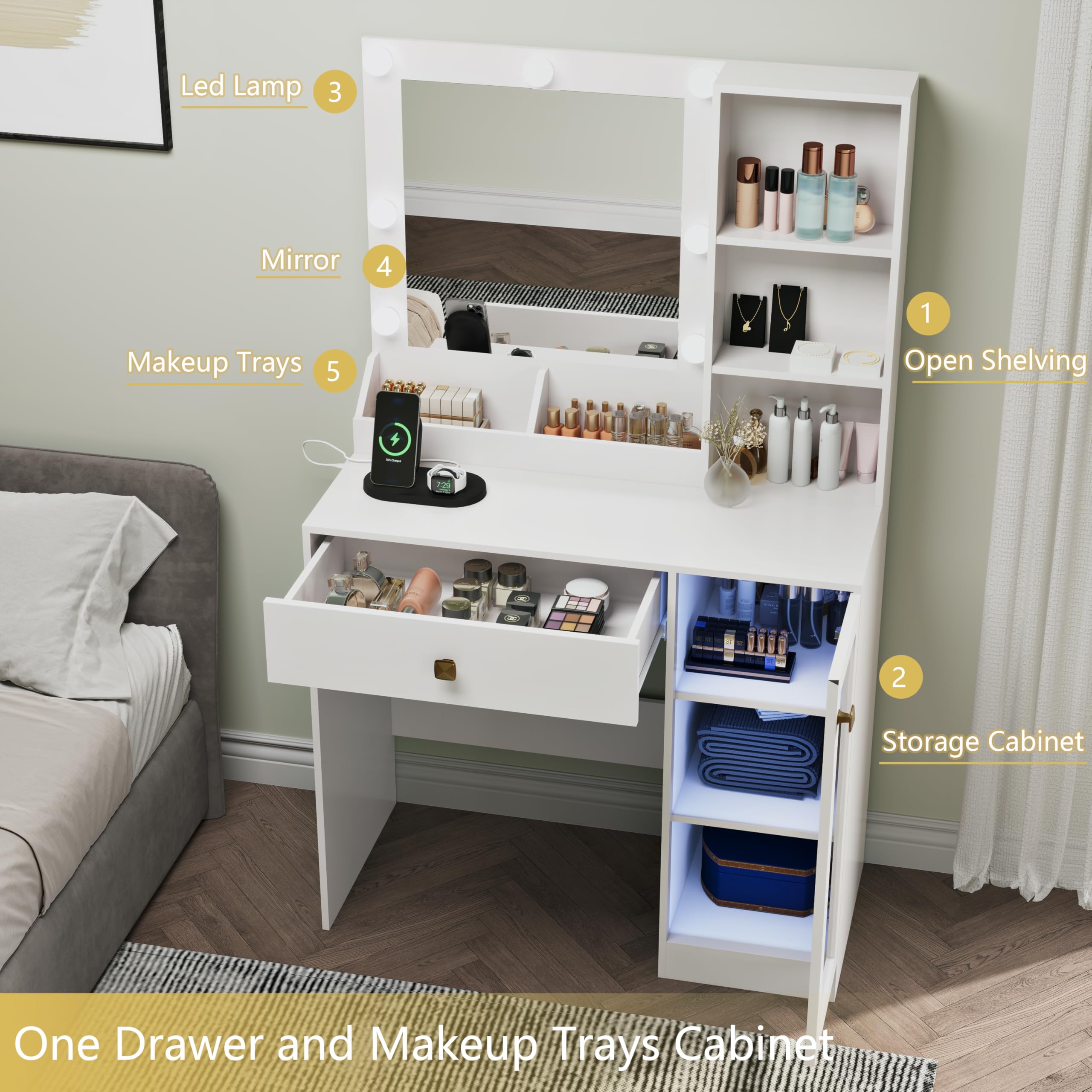 Vanity Desk with Mirror and LED Lights, Makeup Dressing Table with USB Charging Station, RGB Storage Cabinet & Large Drawer, White Bedroom Furniture for Women - Perfect for Makeup Application, Skincare Routine and Home Decor