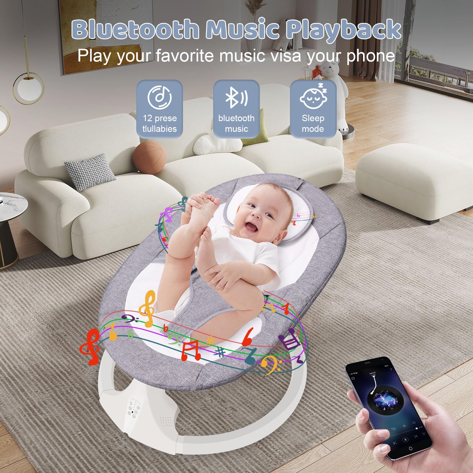 **Best Electric Baby Swing for Infants 0-12 Months - Portable Bluetooth Baby Bouncer with 5 Speed Settings & 10 Soothing Lullabies - Plug-in Newborn Swing for Indoor & Outdoor Use (Grey) - Perfect for Nursery, Travel & Relaxation**