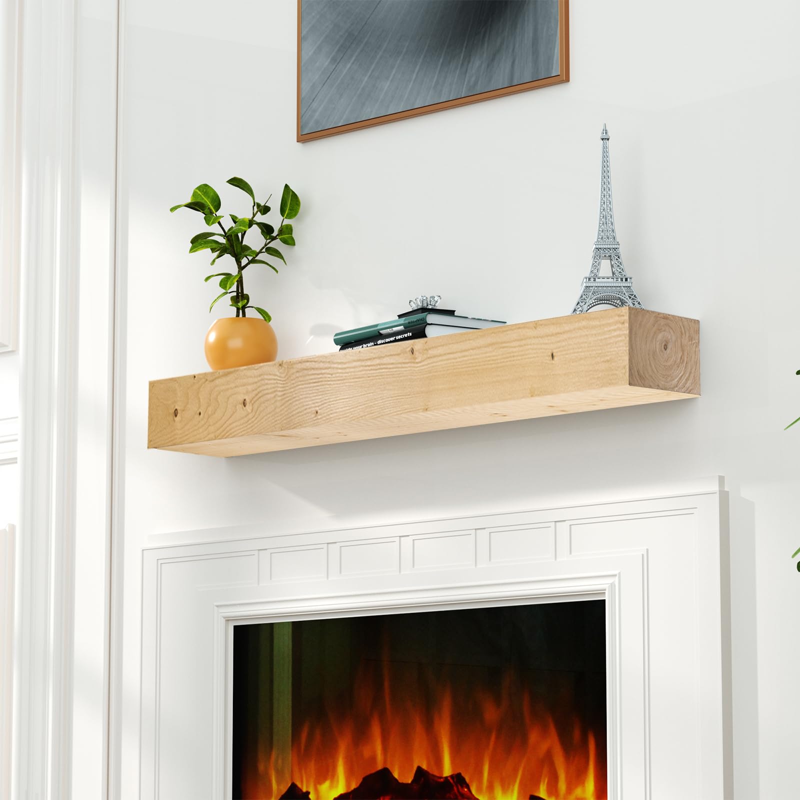 LOVMOR 60-Inch Floating Fireplace Mantel Shelf - Natural Wood Wall Mounted Mantle with 4 Shelves for Fireplace Decor (48