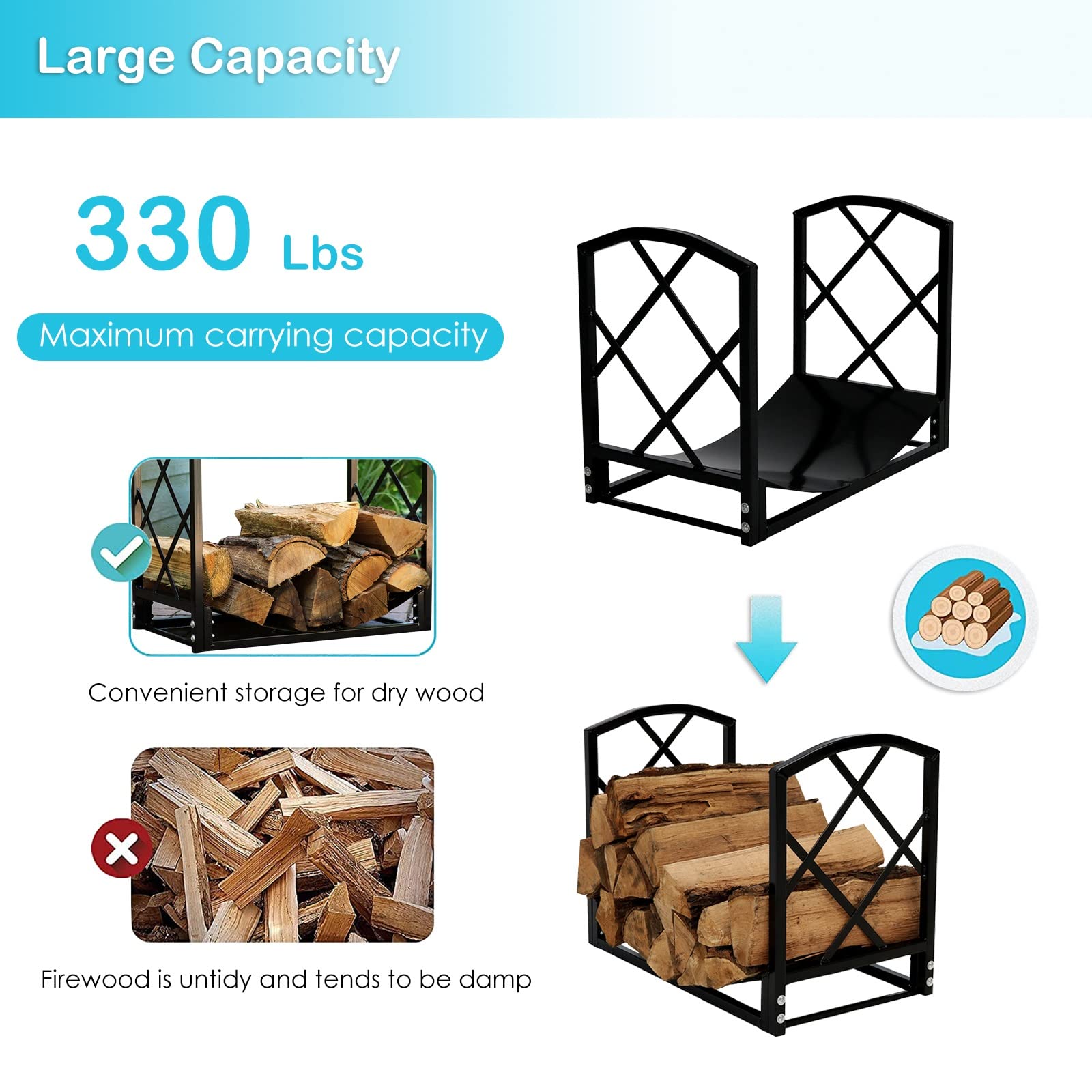 Heavy Duty Firewood Log Rack with Wheels - Wooden Fireplace Tool Set for Indoor/Outdoor Use - Storage Organizer Holder for Fireplace, Stove & Fire Pit Accessories - Perfect for Patio, Backyard & Camping