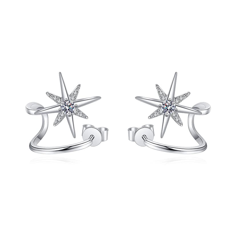 0.28CT Moissanite Star Climber Cuff Earrings for Women - Sterling Silver Twist Crawler Snowflake Ear Studs | Elegant Pierced Jewelry for Parties, Weddings & Everyday Wear
