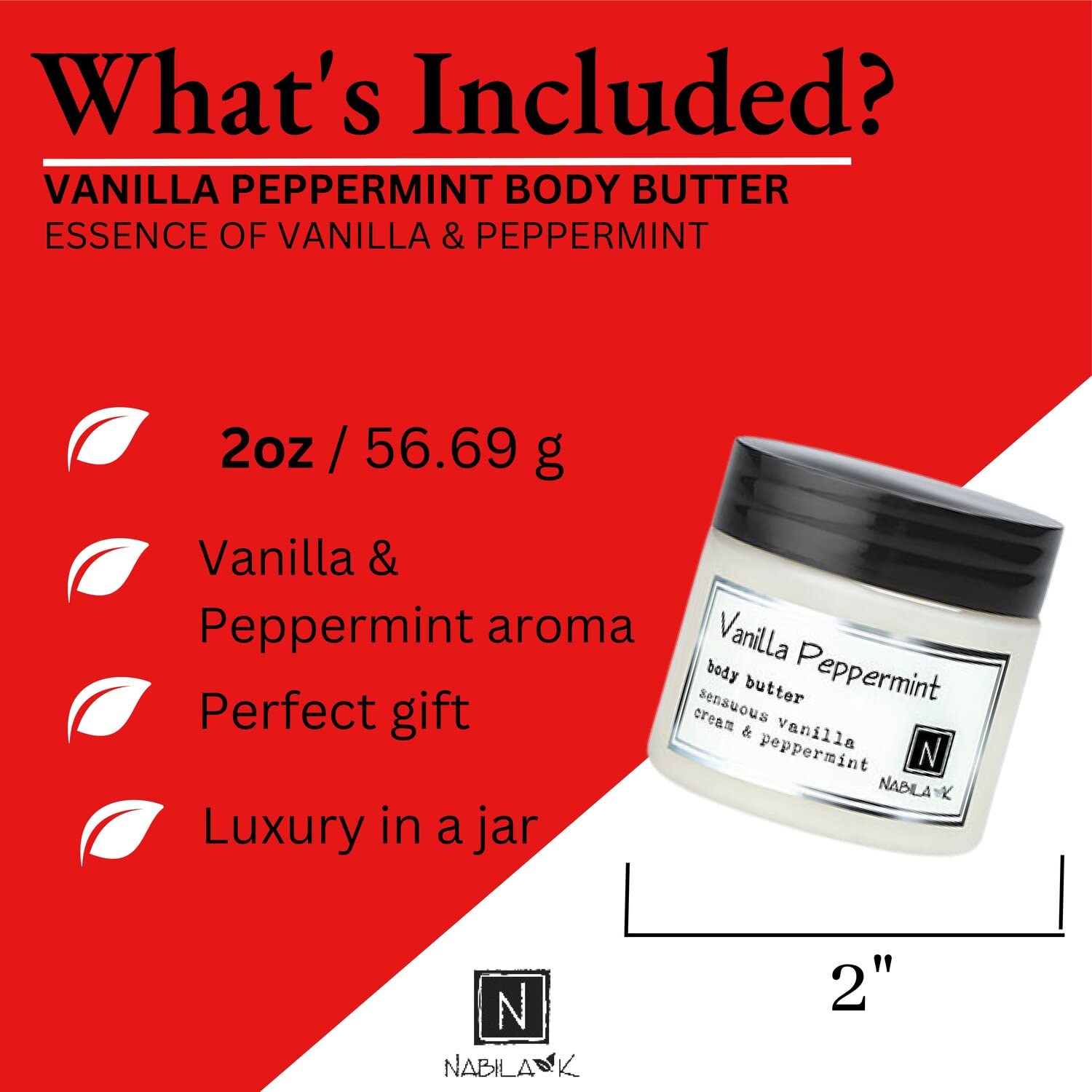 Natural Vanilla & Peppermint Body Butter - Deep Moisturizing & Hydrating Daily Skin Care Cream with Organic Ingredients - 2 oz - Perfect for Dry Skin & Post-Shower Hydration