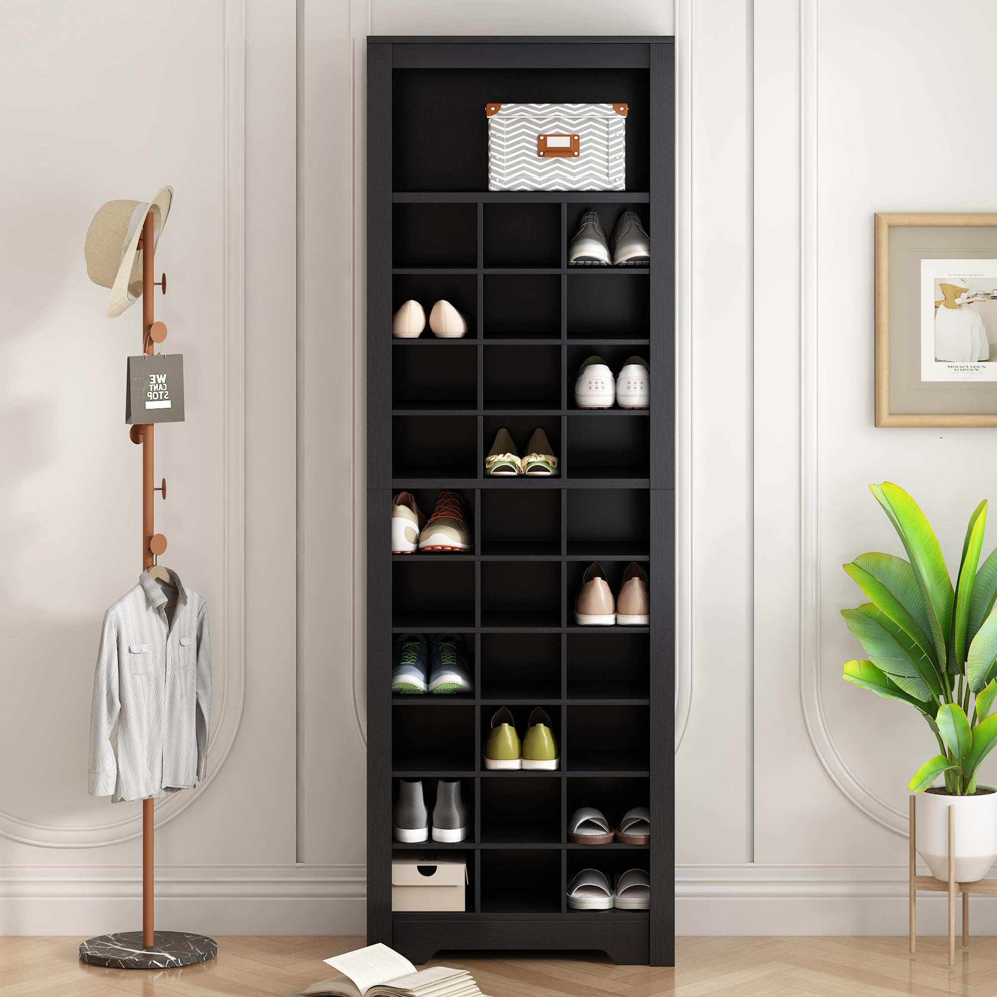10-Tier Wooden Shoe Storage Cabinet with 30 Cubbies - Freestanding Tall Shoe Rack Organizer for Entryway, Living Room, Bedroom - Space Saving Shoe Shelf for Sneakers, Boots & Heels (Black)