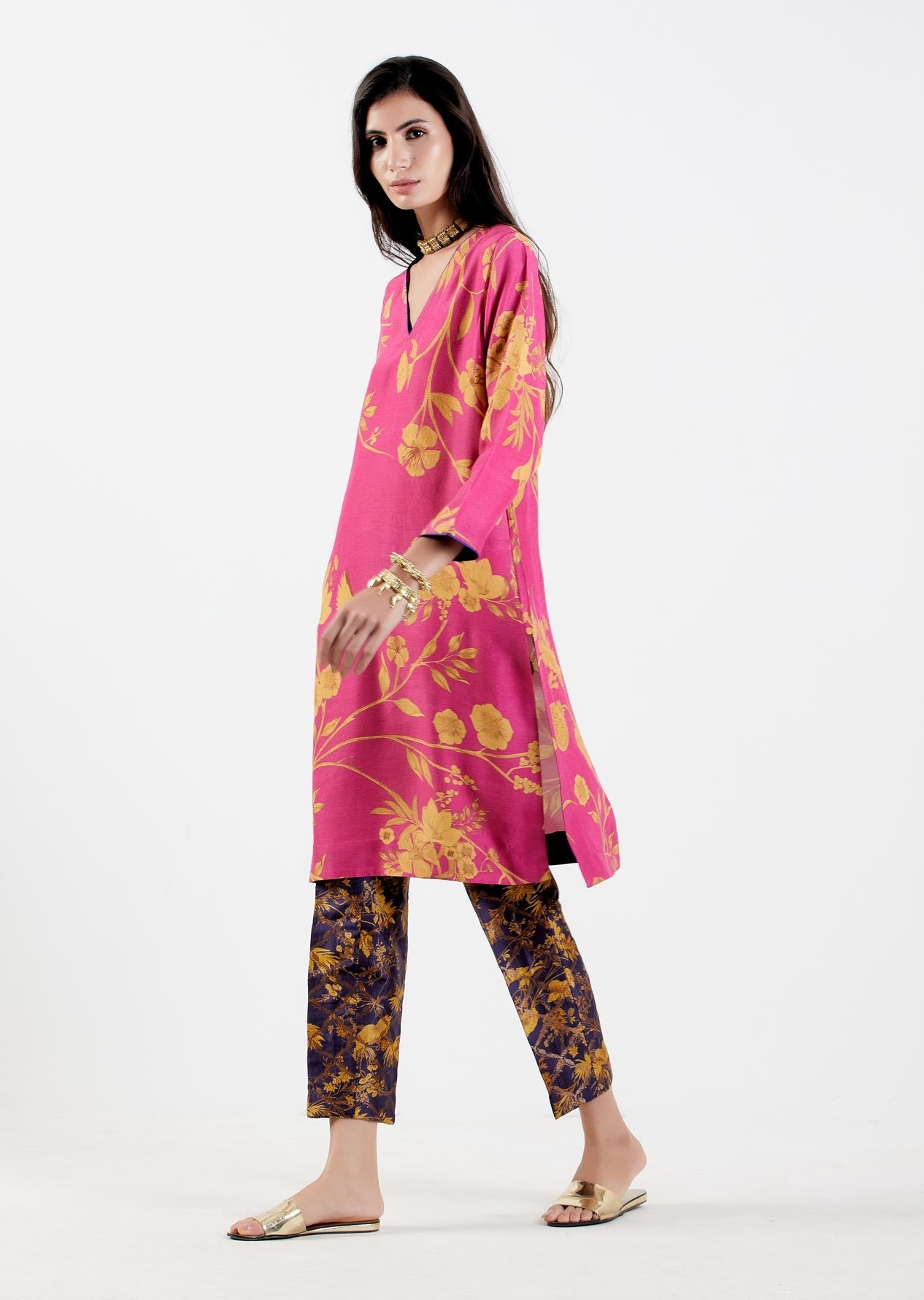 Elegant V Neck Kurta for Women - Premium Muga Satin Fabric - Royal Rani Style - Perfect for Festivals, Weddings & Special Occasions