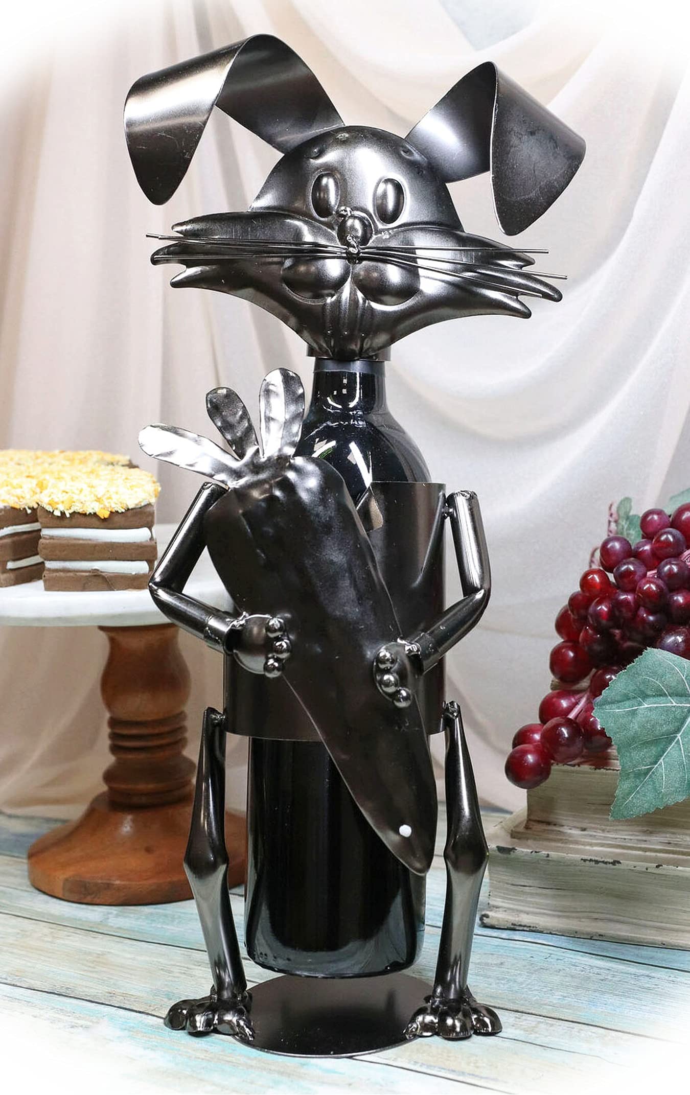 Handmade Metal Bunny Rabbit Holding Carrot Wine Bottle Holder - Unique Home Decor Gift for Birthdays, Housewarming & Kitchen Accessories - Perfect for Wine Storage & Table Centerpiece Decoration (AI-4414STAT)