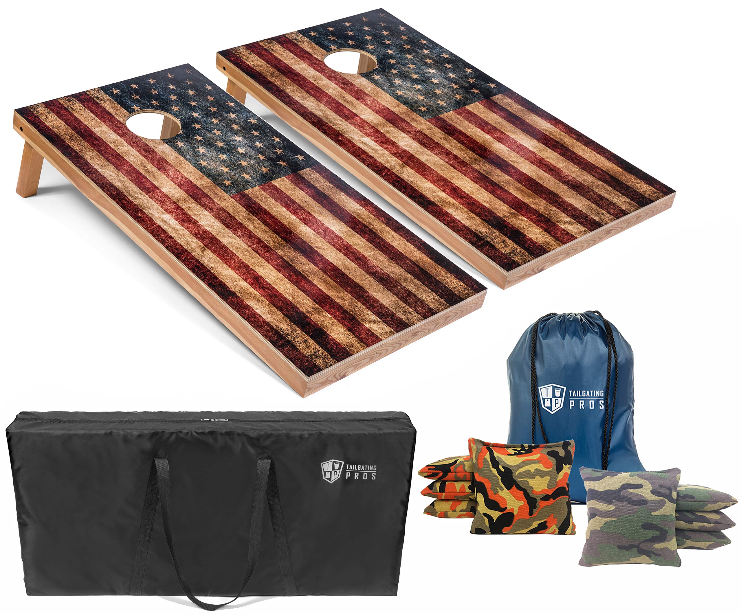 Tournament Grade 4'x2' Distressed American Flag Cornhole Game Set with 8 Bean Bags & Carrying Case - Premium Rustic Outdoor Tailgating Game for Backyard, BBQ Parties & Camping - Regulation Size Cornhole Boards for Adults