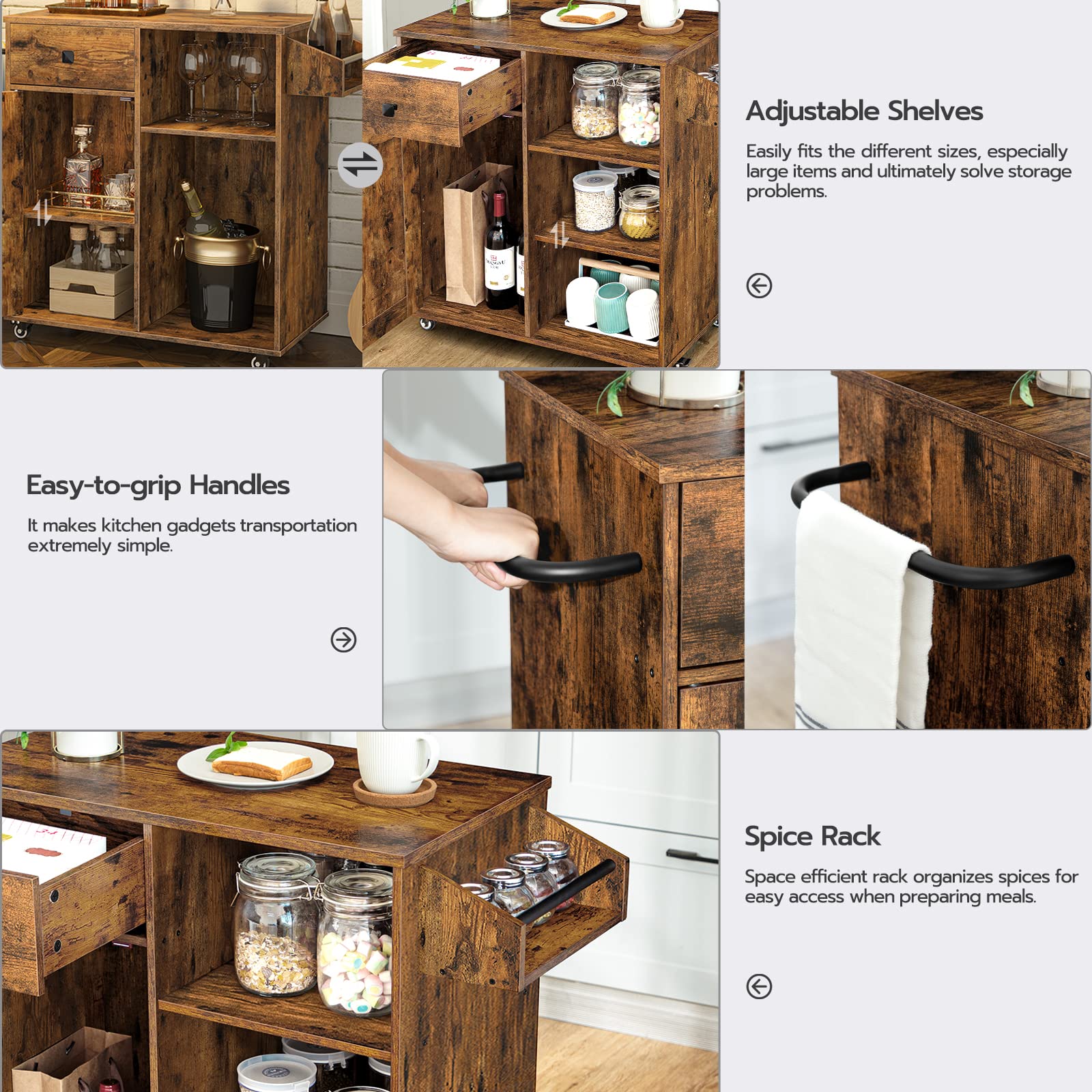 HOOBRO Rustic Brown Kitchen Island with Storage Cabinet, Drawers, Spice & Towel Rack - Space Saving Kitchen Cart for Small Spaces, Easy Assembly - Perfect for Kitchen Organization & Living Room Decor