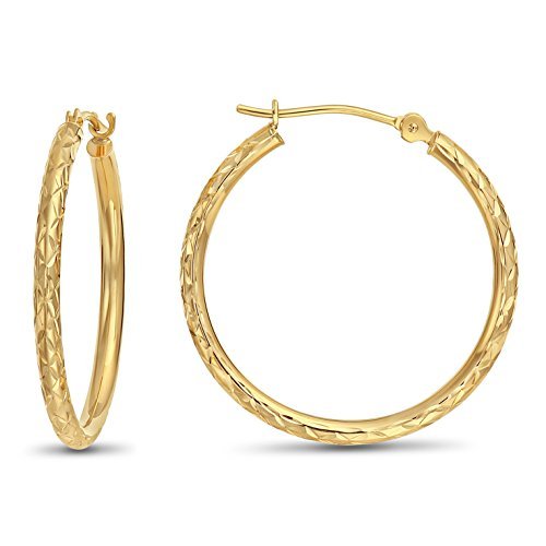 14K Yellow Gold Round Hoop Earrings with X Pattern Diamond-Cut Design - Elegant Dangle Earrings for Women, Perfect for Parties, Weddings & Everyday Wear