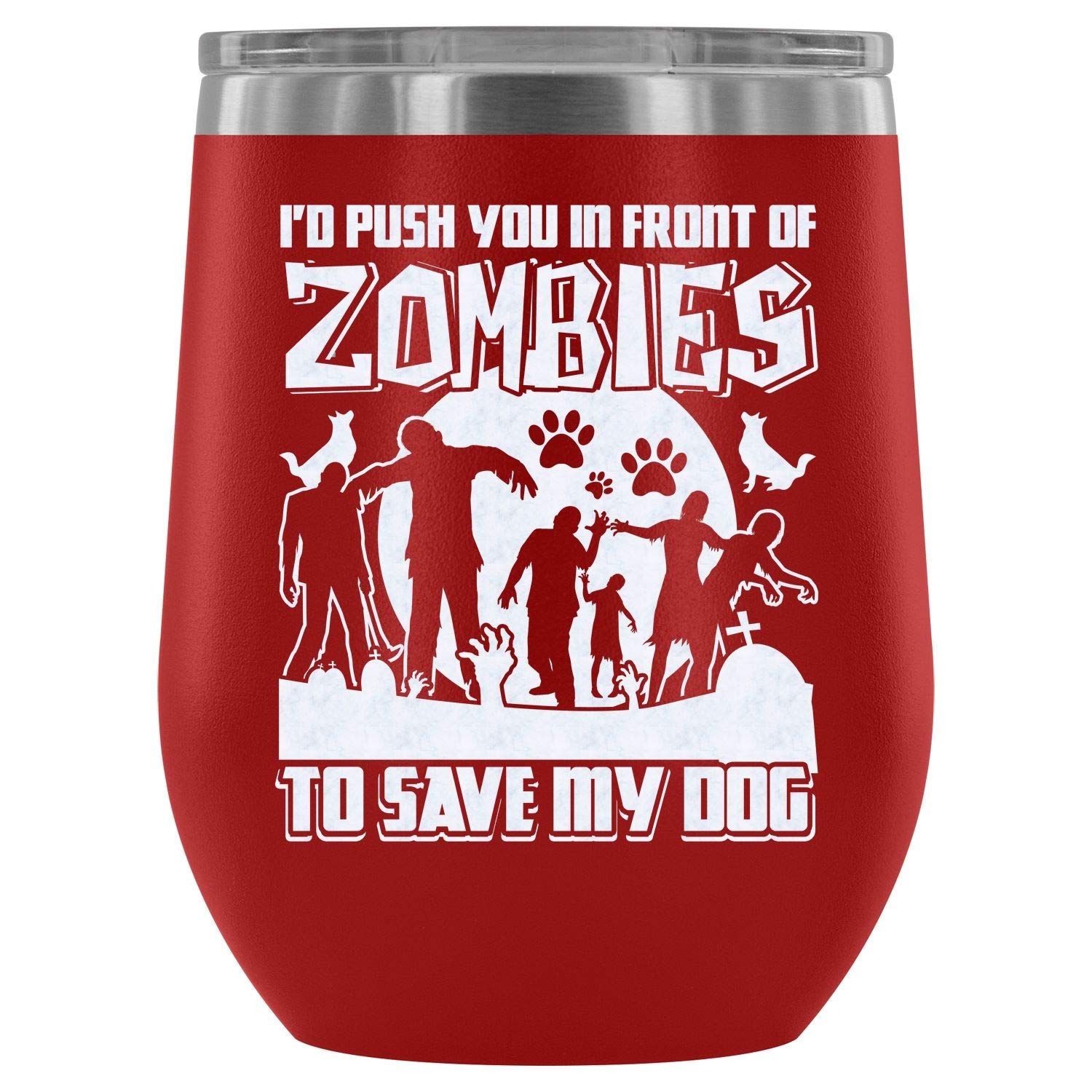 Stainless Steel Stemless Wine Tumbler 12oz - Vacuum Insulated Halloween Gift Wine Cup with Funny Zombie Quote - Perfect for Outdoor Parties, Camping & Wine Lovers (Red)