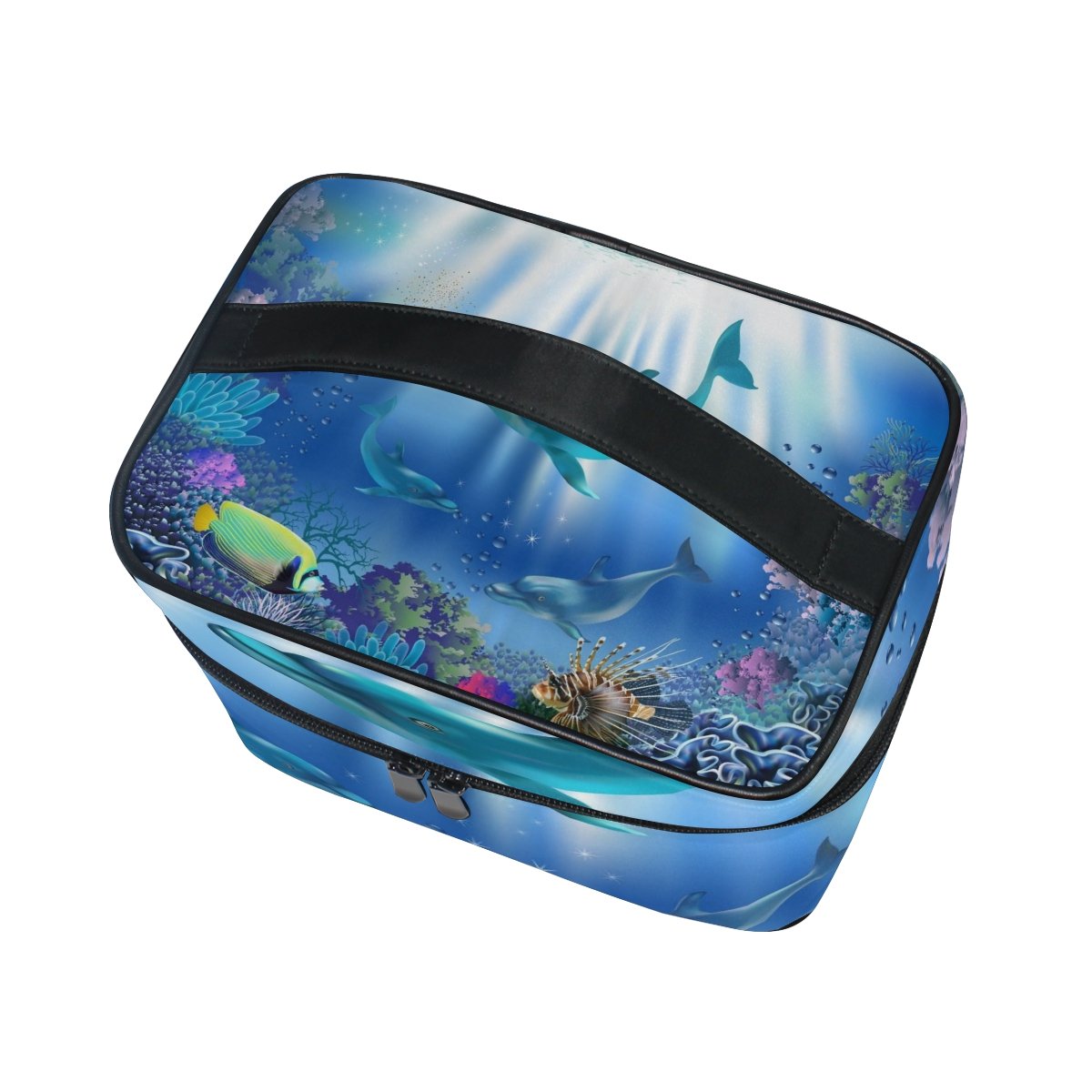 Dolphin & Plant Print Cosmetic Bag for Women - Waterproof Travel Makeup Pouch with Zipper, Train Case Storage Organizer - Perfect for Travel, Gym, and Daily Essentials