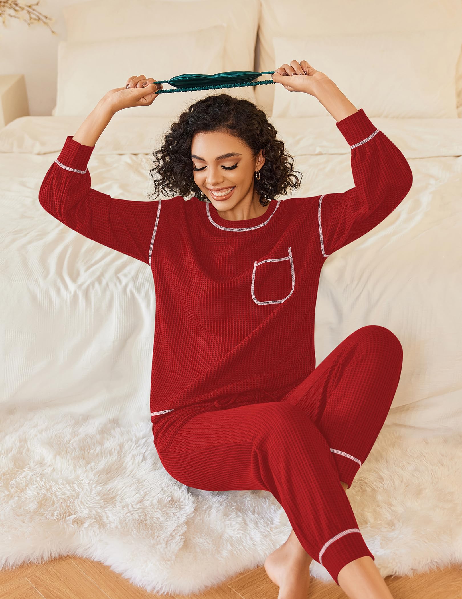 Ekouaer Women's Waffle Knit Pajama Set - Long Sleeve 2-Piece Loungewear for Sleep & Relaxation (Sizes S-XXL) | Cozy Homewear for Winter Nights & Spa Days