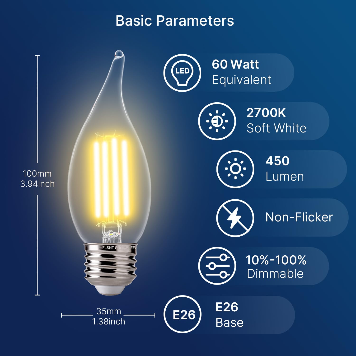 FLSNT 60W Equivalent LED Chandelier Light Bulbs - Dimmable CA11 Candelabra Bulbs with Clear Filament, E26 Medium Base, 2700K Soft White (6 Pack) - Perfect for Dining Room Chandeliers, Pendant Lights & Vintage Fixtures