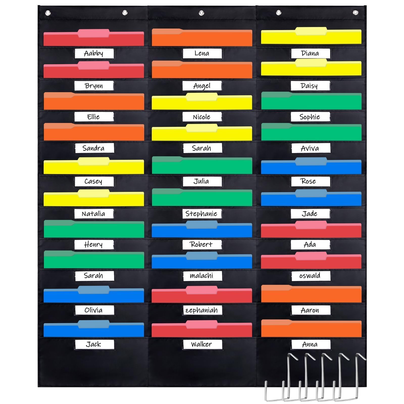 30-Pocket Hanging Wall File Organizer with Name Tags - Classroom, Office & Home Storage Chart for Folders, Mail & Documents - Includes 5 Hangers (Black) - Perfect for Teacher Supplies, School Organization & Home Office Decluttering