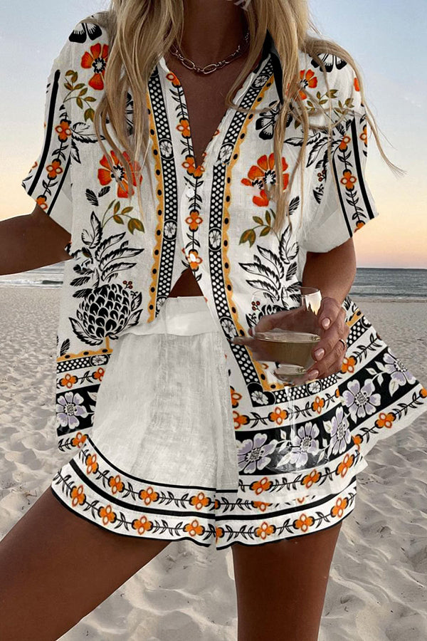 Ethnic Floral Print Loose Button Elastic Waist Shorts Set for Women - Summer Casual Outfit, Beach Vacation, Streetwear Fashion