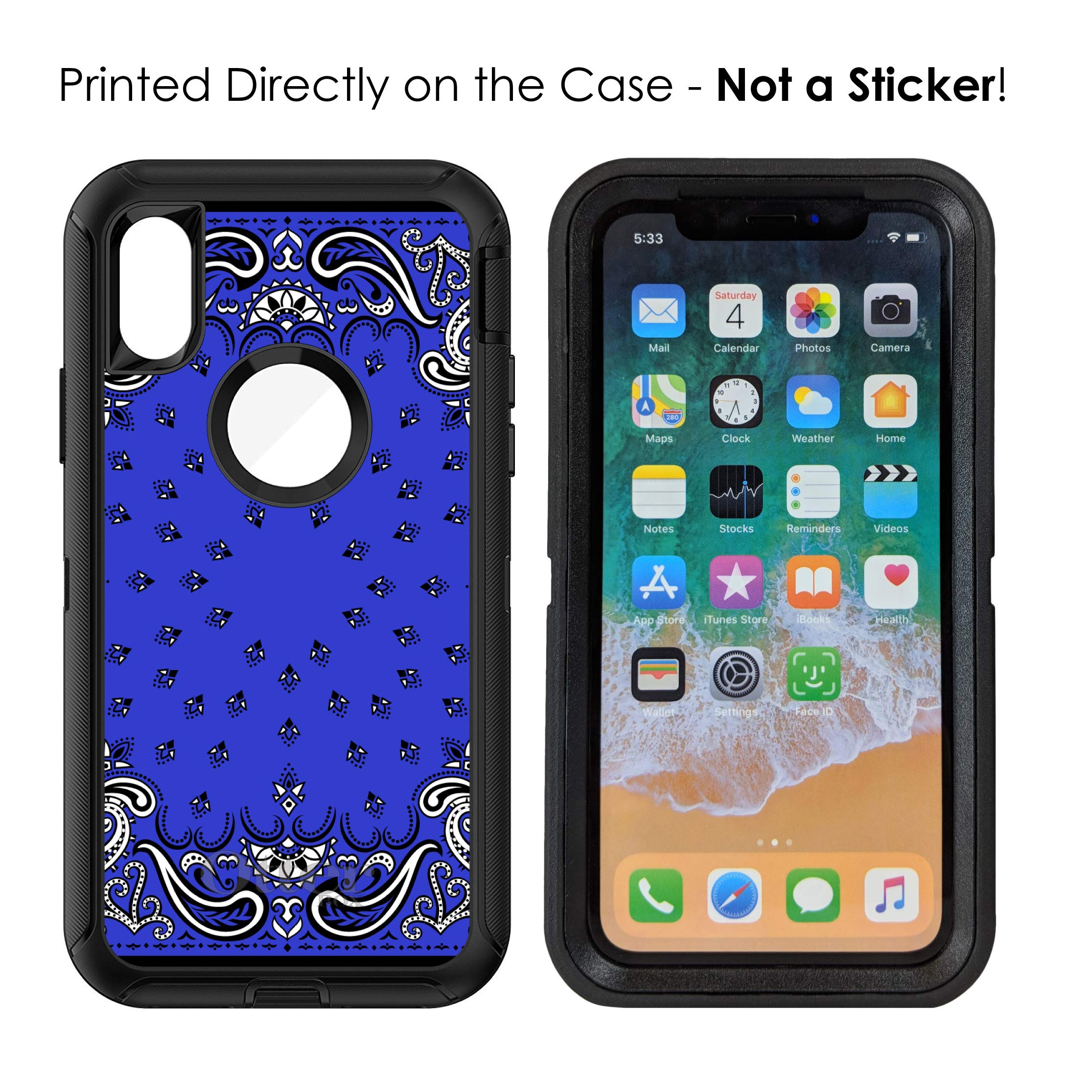 DistinctInk iPhone Xs Max Case (6.5 Inch) - Durable Protective Cover with Bandana Print in Blue, Black & White - OtterBox Defender Replacement - Perfect for Outdoor Activities & Daily Use