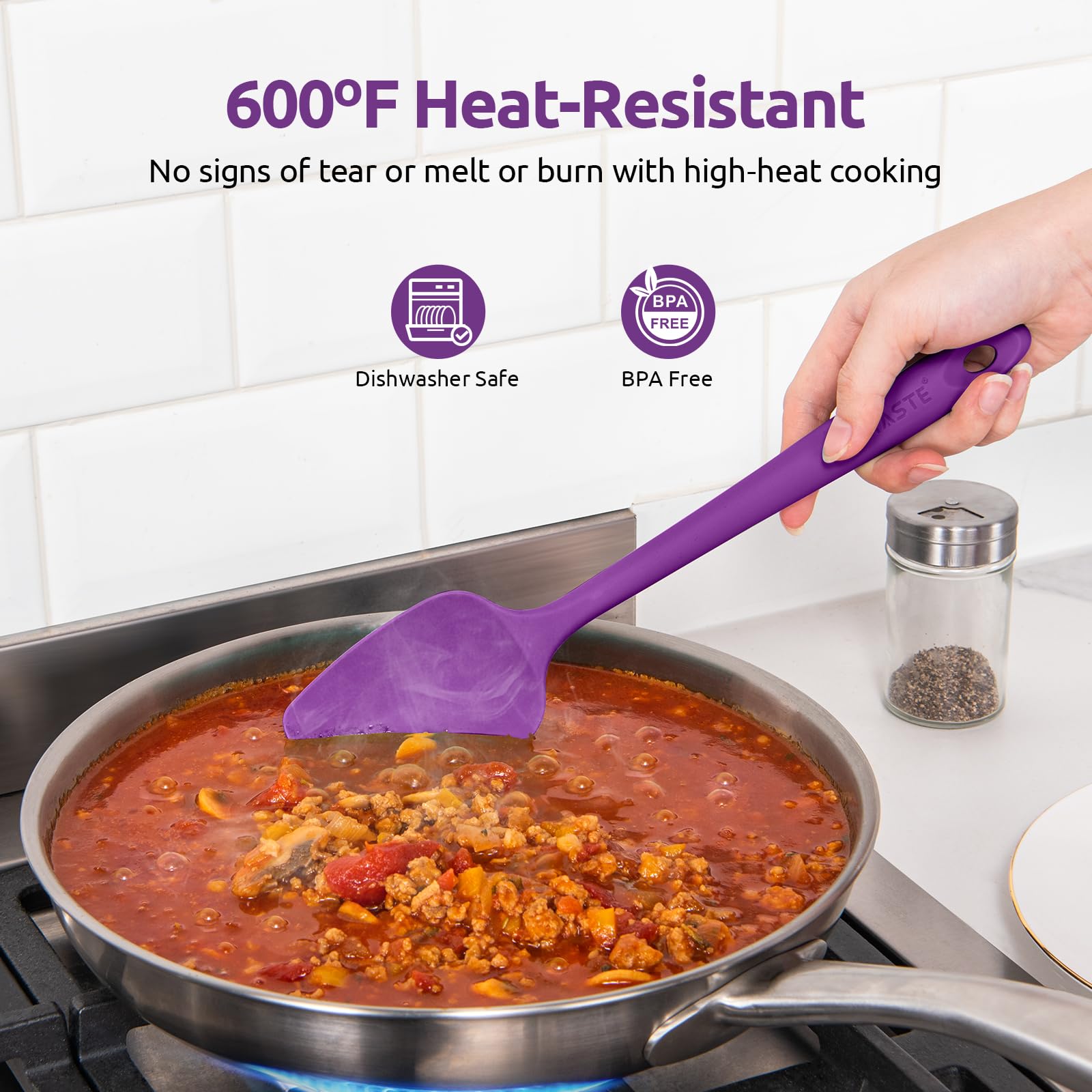 U-Taste Silicone Spoon Spatula Set - 3-Piece High Heat Resistant 600°F Kitchen Utensils for Baking, Cooking & Mixing - Food Grade Flexible Rubber Scrapers for Nonstick Cookware (Purple) - Perfect for Cake Decorating, Cookie Dough Mixing & Pancake Flipping