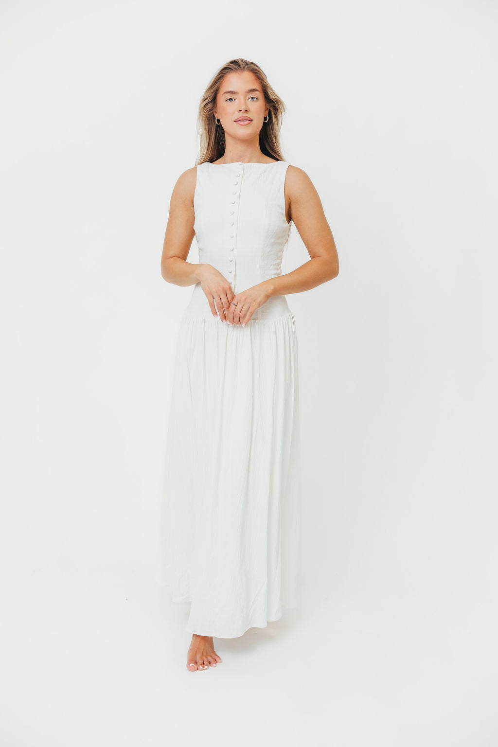 Sondra Stretch Maxi Dress with Button Detail & Dropped Waist - Off White Women's Summer Dress for Beach, Wedding & Casual Wear