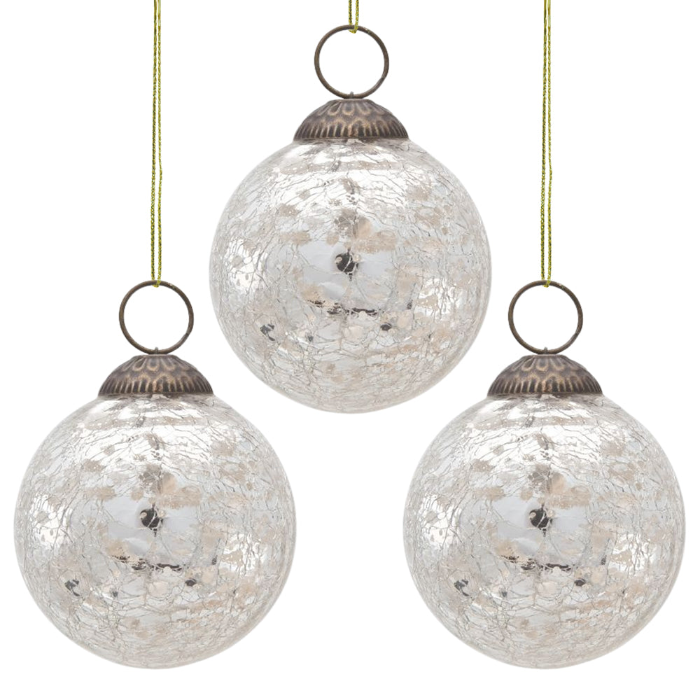 3 Pack Silver Lana Mercury Crackle Ball Glass Ornaments - Elegant Christmas Tree Decorations for Holiday Home & Party Decor