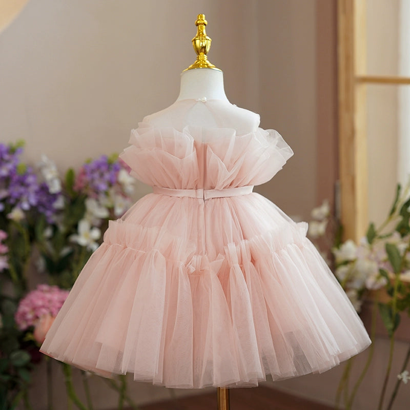 Pink Princess Round Tea Length Tulle Flower Girl Dress - Perfect for Weddings, Birthday Parties & Special Occasions