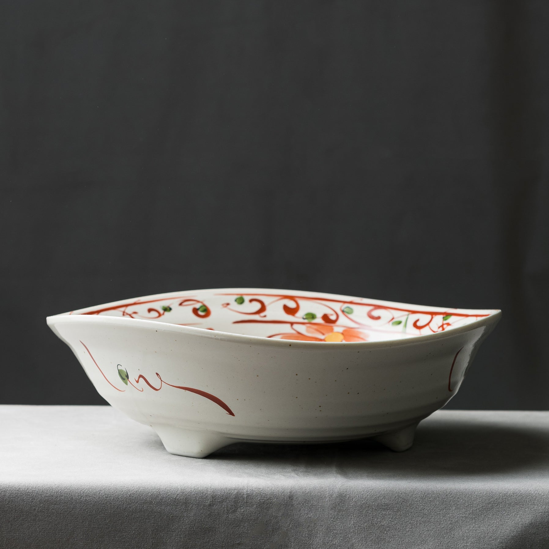 Red Butterflies 3 Feet Large Bowl - 25 cm Ceramic Serving Bowl for Salads, Pasta, and Party Dishes