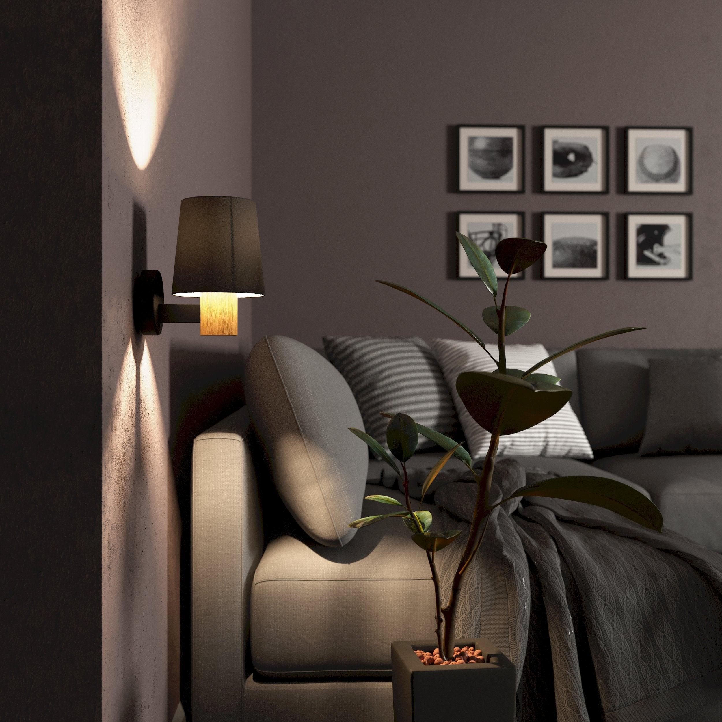 Eglo Edale Wood & Black Wall Light with Brown Shade - Modern Farmhouse Sconce for Bedroom, Living Room, or Hallway Lighting