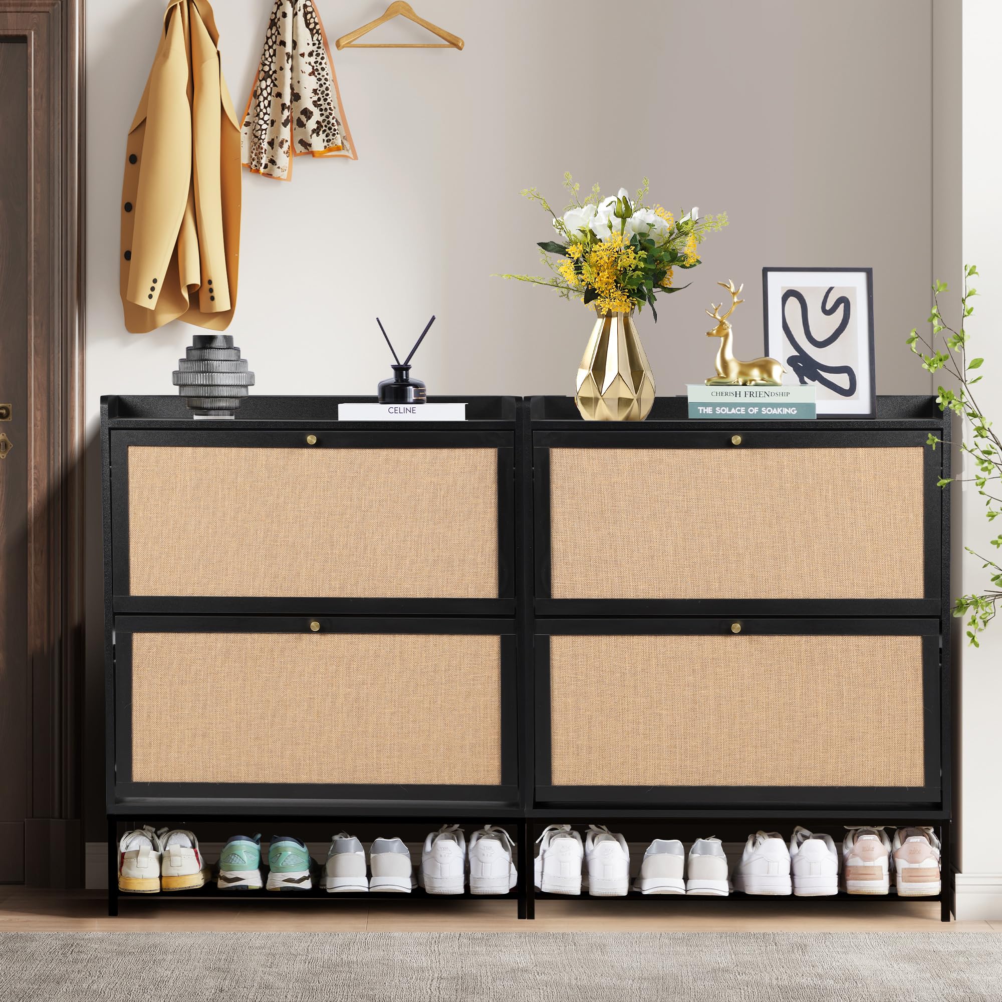 LEVNARY Wooden Shoe Storage Cabinet with 2 Flip Drawers - Narrow Freestanding Shoe Rack Organizer with Metal Legs for Entryway, Hallway & Closet - Perfect for Small Spaces & Shoe Organization (Black)