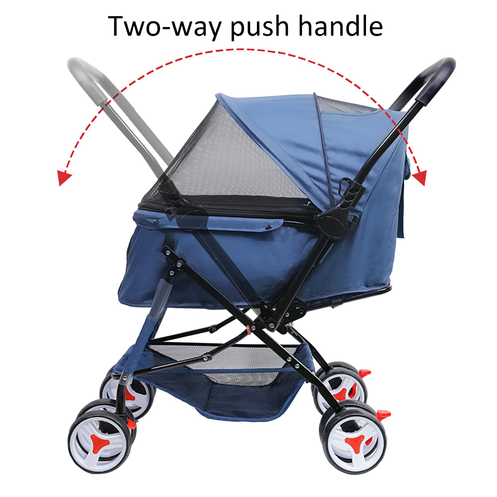 CAYJ Dog Stroller with 2-Way Push Handle, Rear Brake, Pet Leash & Large Storage Basket - Shock-Absorbing Wheels for Small Pets (Grey) - Perfect for Outdoor Walks, Vet Visits & Shopping Trips