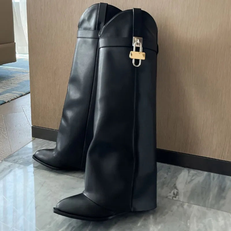 2024 Women's Designer Over-the-Knee Leather Boots - Shark Lock Retro Pattern, Thick Sole & High Heel, Fashion Long Boots for Party, Night Out & Winter Style