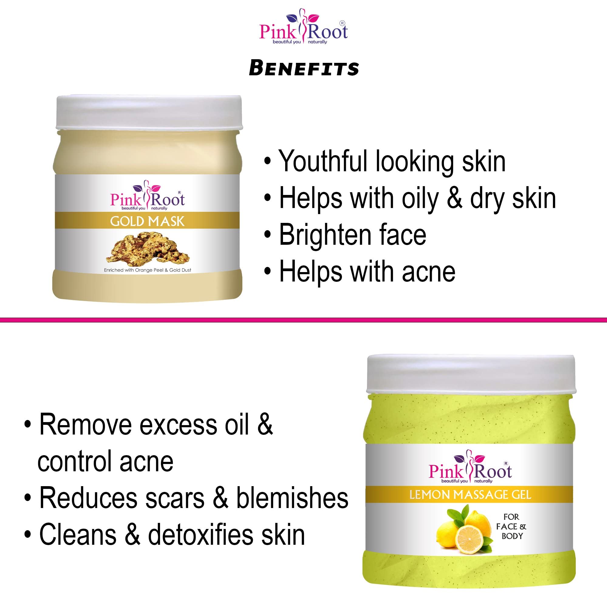 Pink Root Lemon Massage Gel & Gold Mask Set - 500ml Each | Hydrating & Brightening Skincare Duo for Face & Body | Perfect for Spa Day, Self-Care Routine & Gift Giving