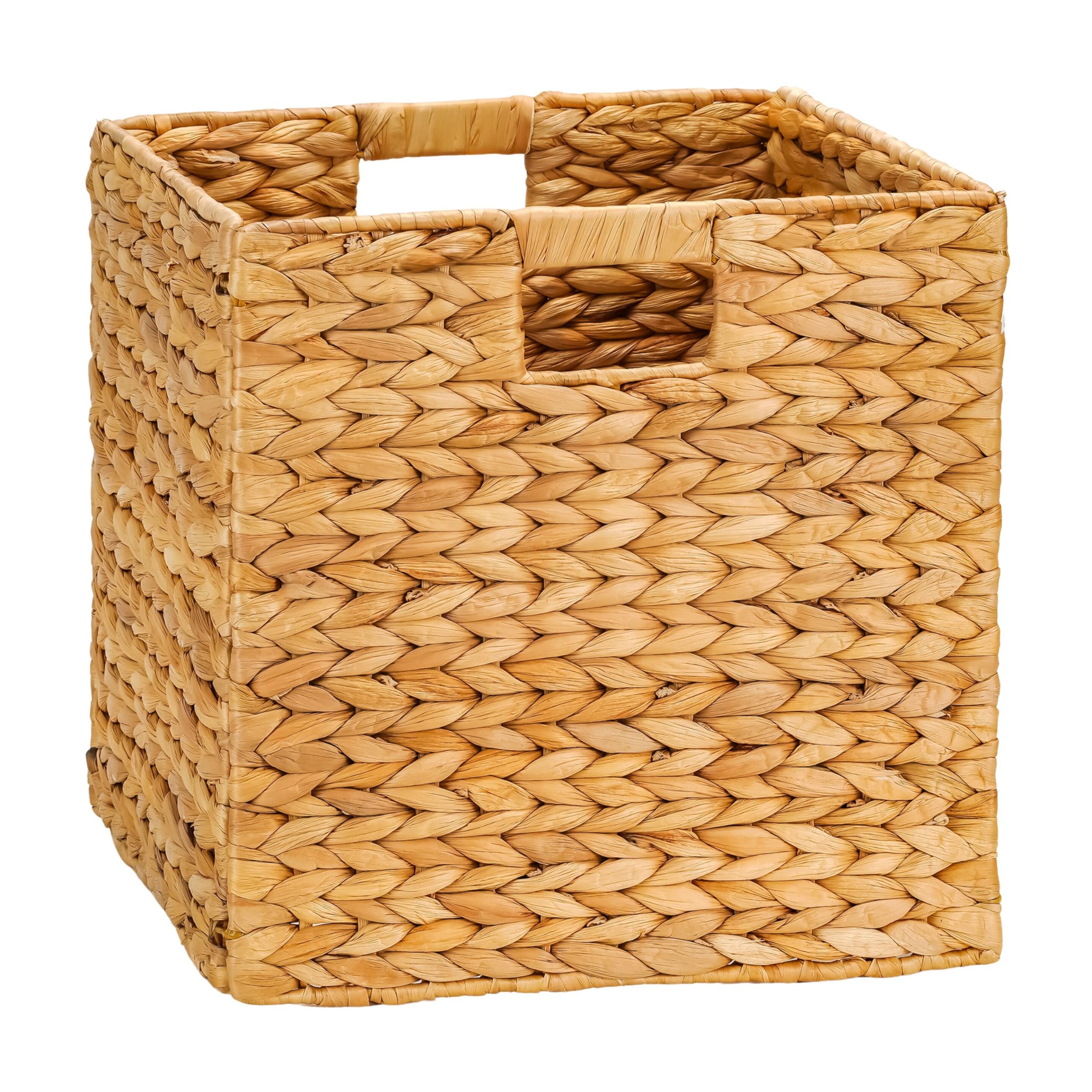 12x12 Foldable Handwoven Water Hyacinth Storage Basket - Natural Wicker Cube Organizer for Shelves, Laundry & Home Decor with Built-In Handles | Perfect for Bedroom Closet, Bathroom Towels & Nursery Organization