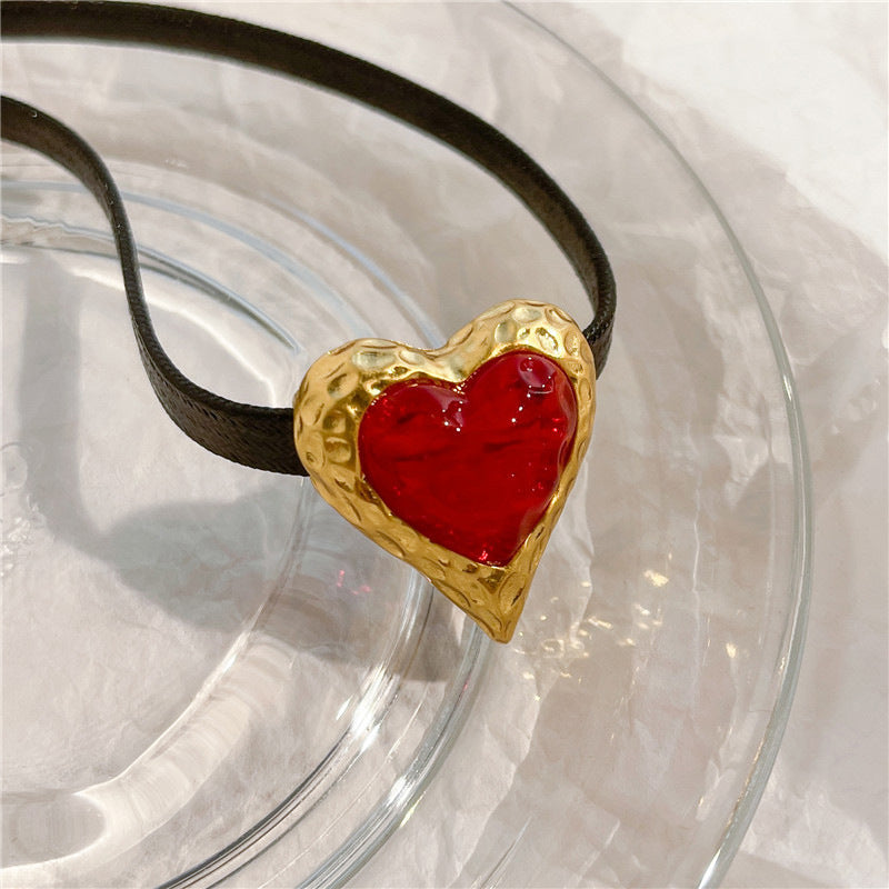 Vintage Red Heart Pendant Suede Choker Necklace for Women | HN2523 | Valentine's Day Gift, Romantic Date Jewelry, 90s Retro Accessory