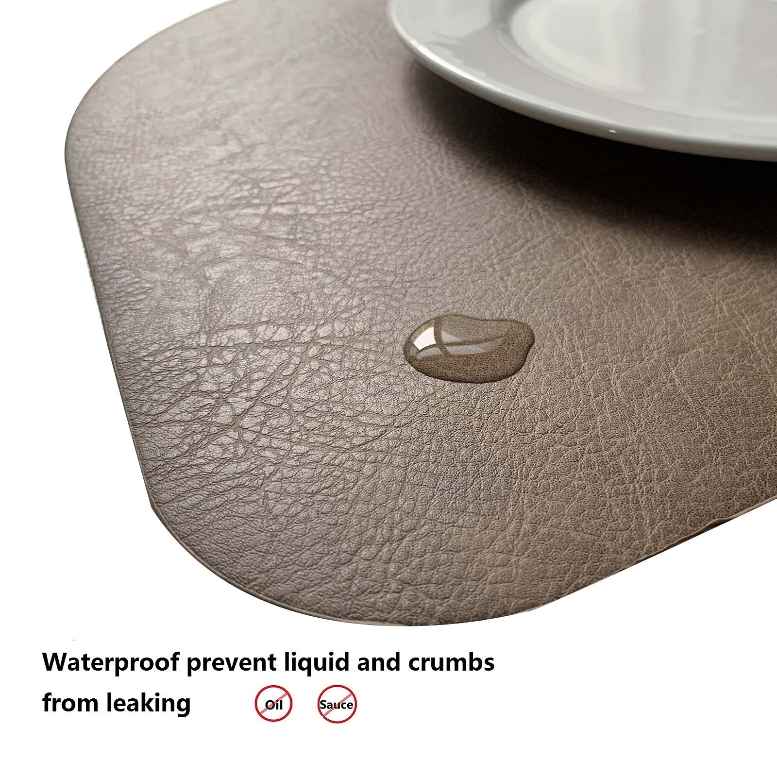 Premium Faux Leather Placemats Set of 6 - Waterproof & Heat Resistant Irregular Table Mats - Easy Clean Washable PU Dining Mats for Kitchen, Restaurant, Coffee Shop & Home Decor (Coffee Brown)