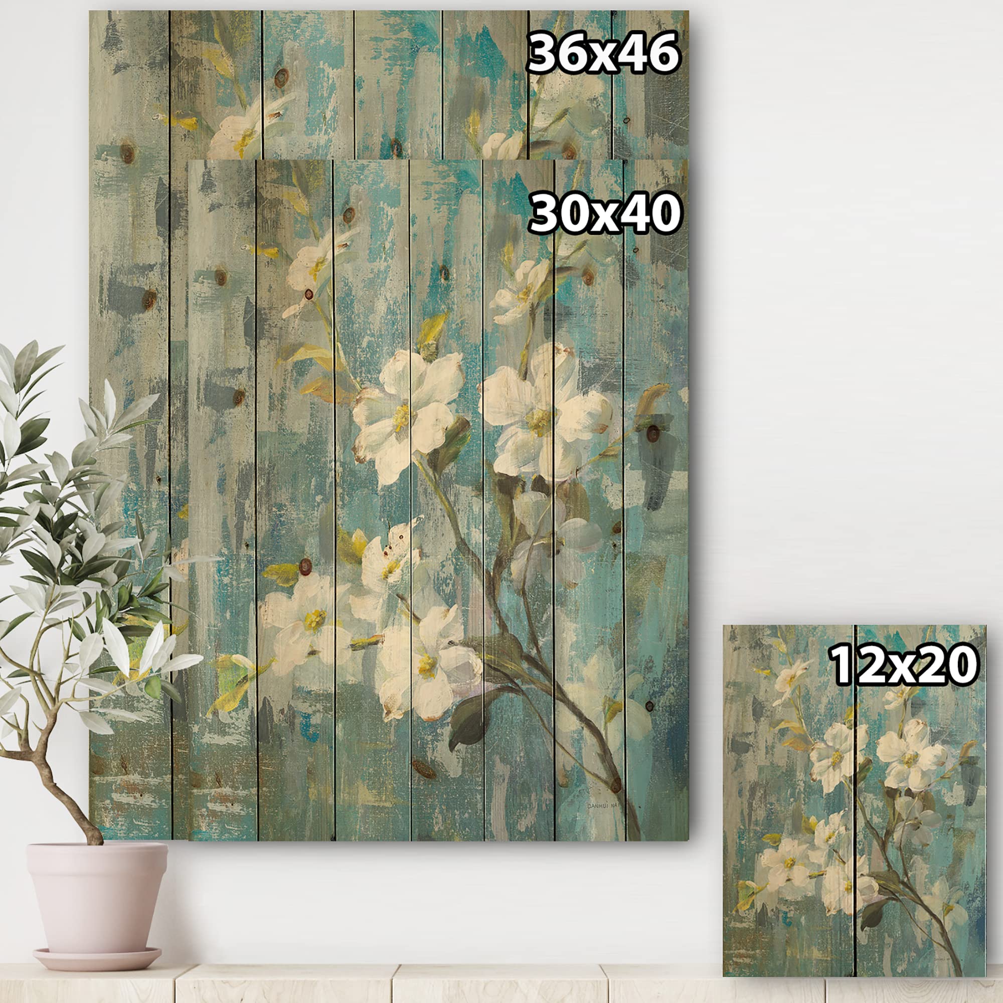 DesignQ Pastel Magnolia II Traditional Wood Wall Decor - Blue Floral Wood Wall Art Panel Printed on Natural Pine - Large Home Decoration for Living Room, Bedroom & Office