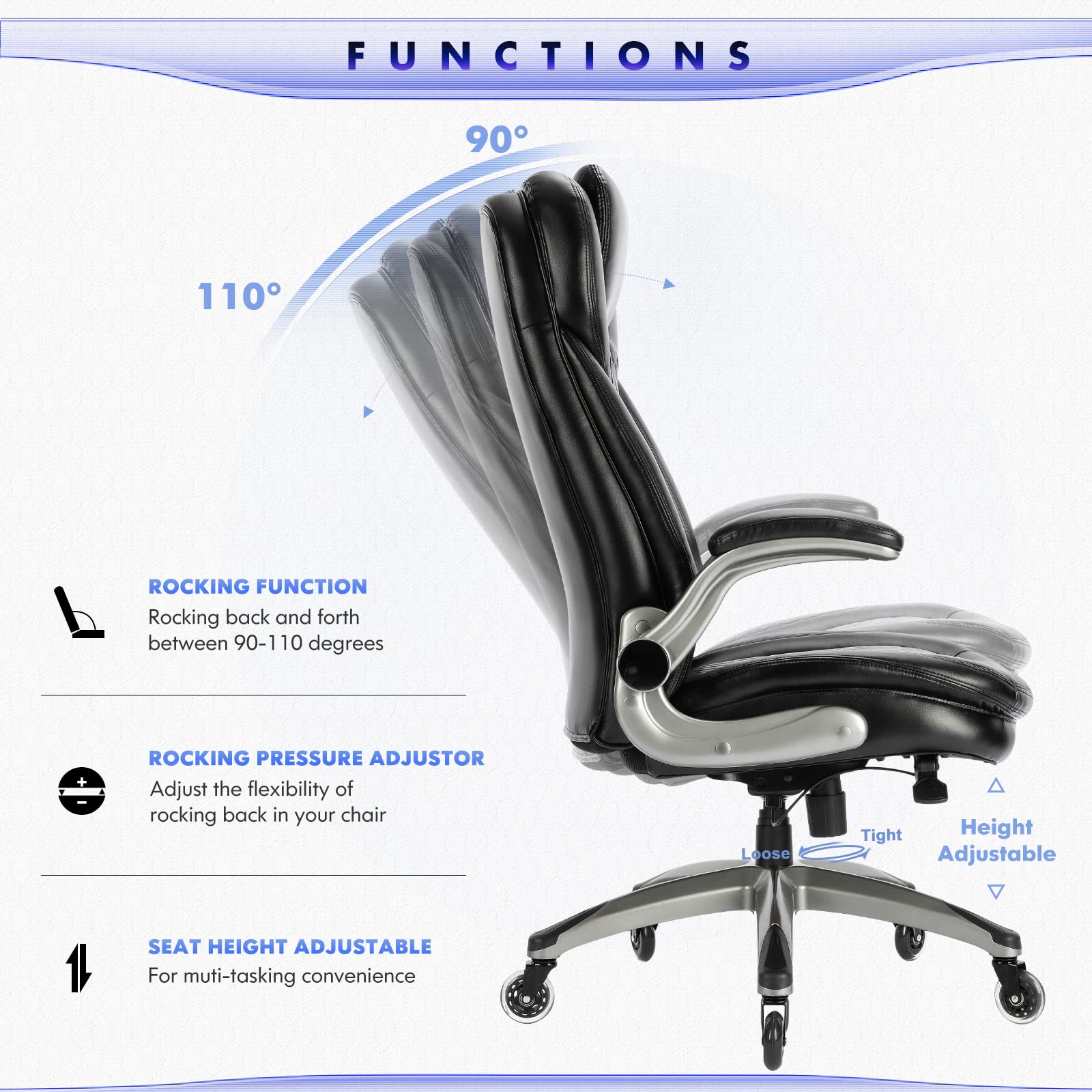 Premium Ergonomic Executive Office Chair - High Back Leather Computer Desk Chair with Padded Flip-Up Arms & Smooth-Swivel Base - Black - Perfect for Home Office, Gaming & Professional Workspaces