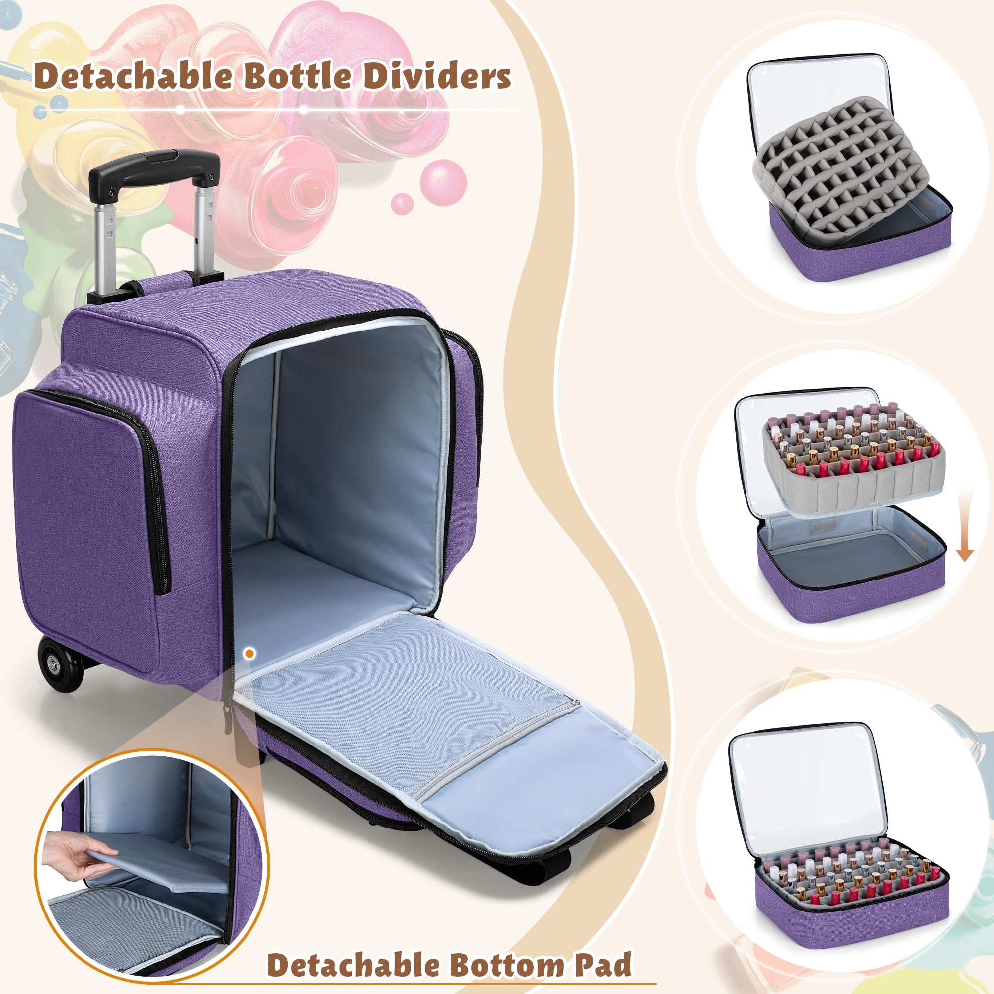 BAFASO Rolling Nail Polish Organizer Holds 144 Bottles - Portable Nail Polish Storage Case with Detachable Dolly & 3 Removable Trays (Patented Design, Purple) - Perfect for Salon, Home & Professional Nail Technicians