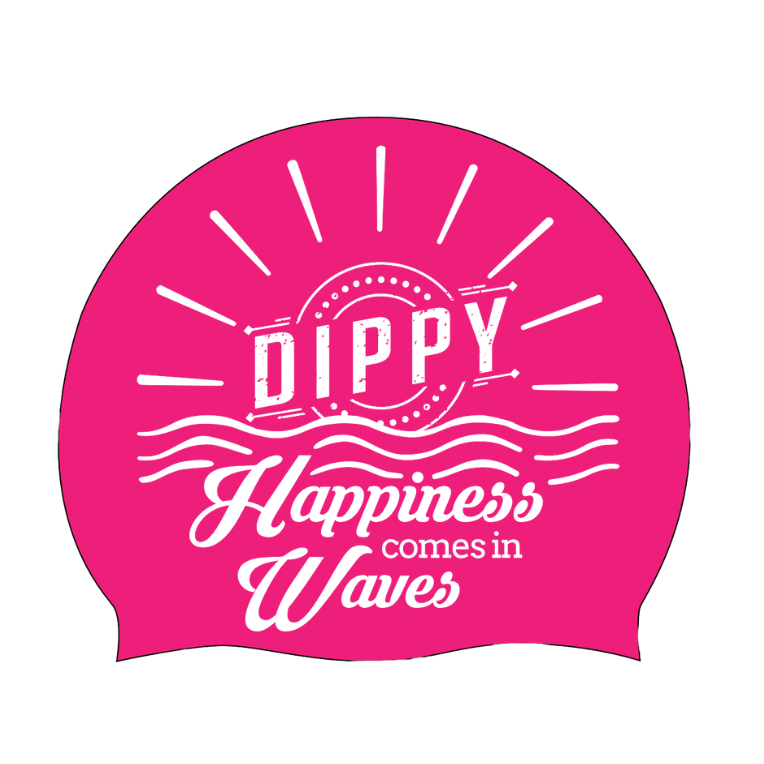 Pink DIPPY Swim Cap for Women & Men - Silicone Swimming Cap for Pool, Beach & Competition - Happiness Comes in Waves