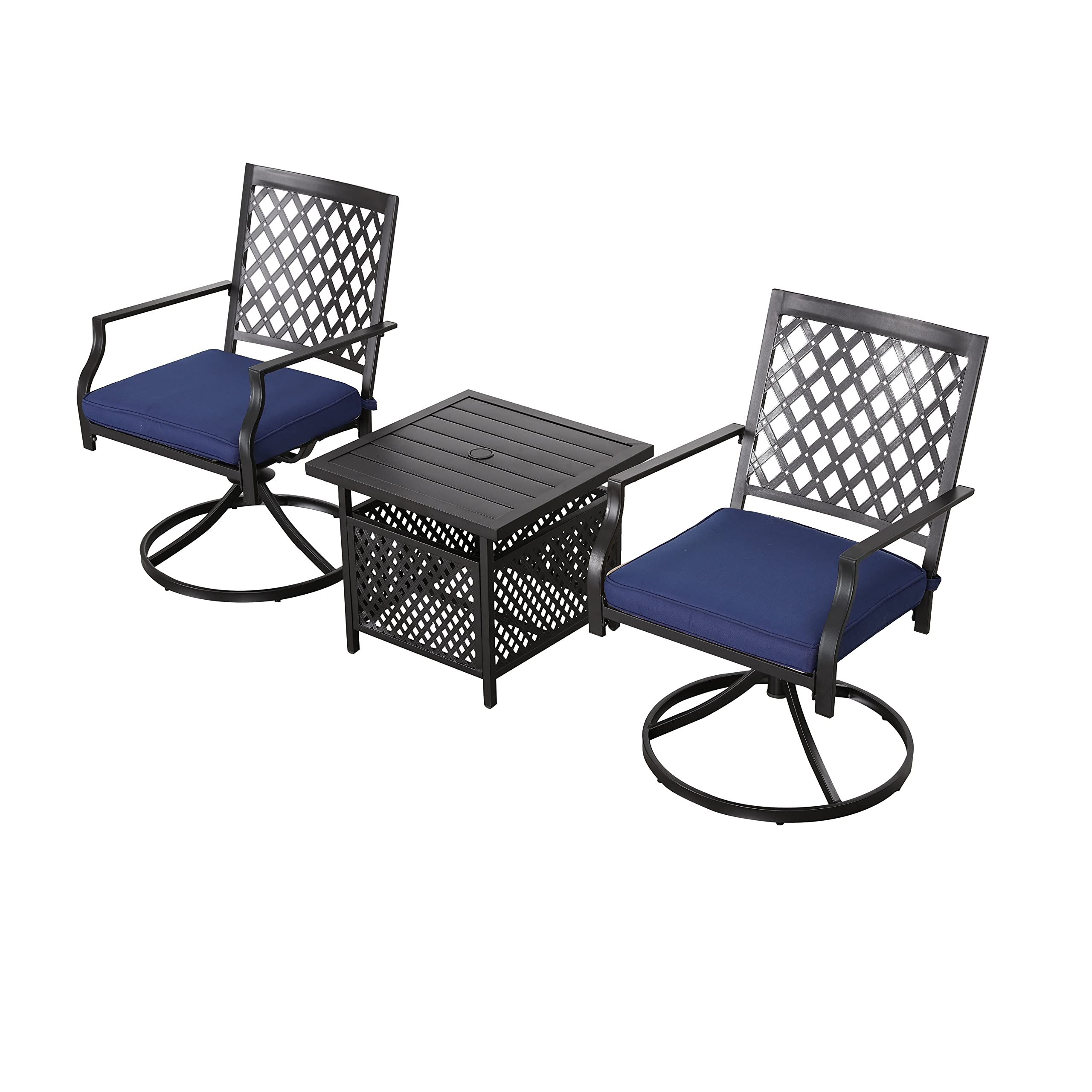 LOKATSE HOME 3-Piece Patio Swivel Set - Outdoor Metal Steel Furniture with 2 Dining Chairs & Square Side Table - Blue | Perfect for Backyard, Garden, Poolside & Balcony Relaxation