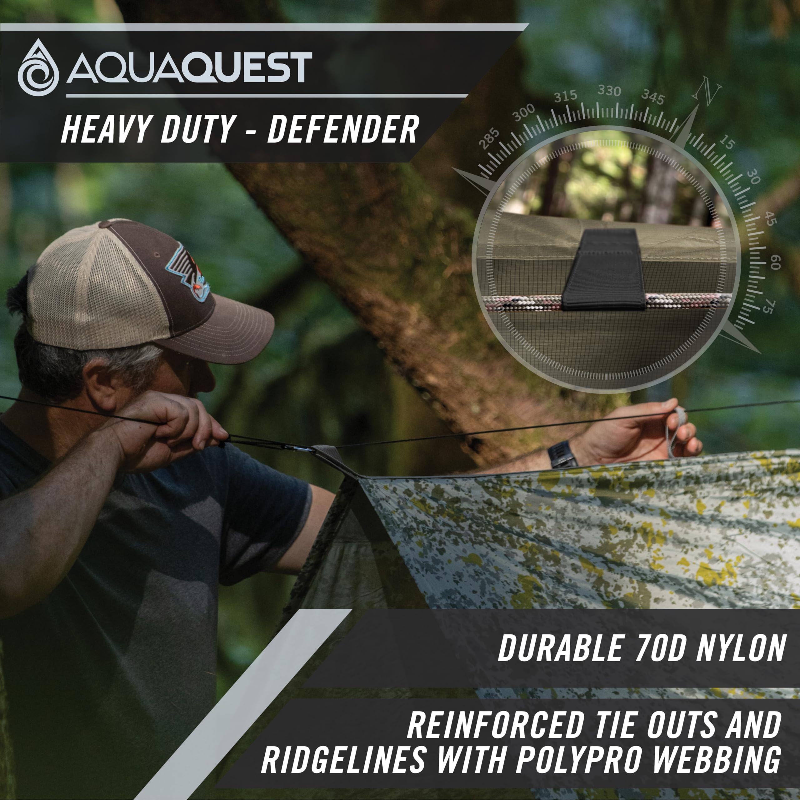 AquaQuest Defender Heavy Duty Waterproof Camping Tarp - 10x10 ft True Terrain Camo Tent Shelter & Rain Fly for Hiking, Bushcraft, Hammock - Perfect for Outdoor Adventures, Emergency Shelter & Backpacking Gear